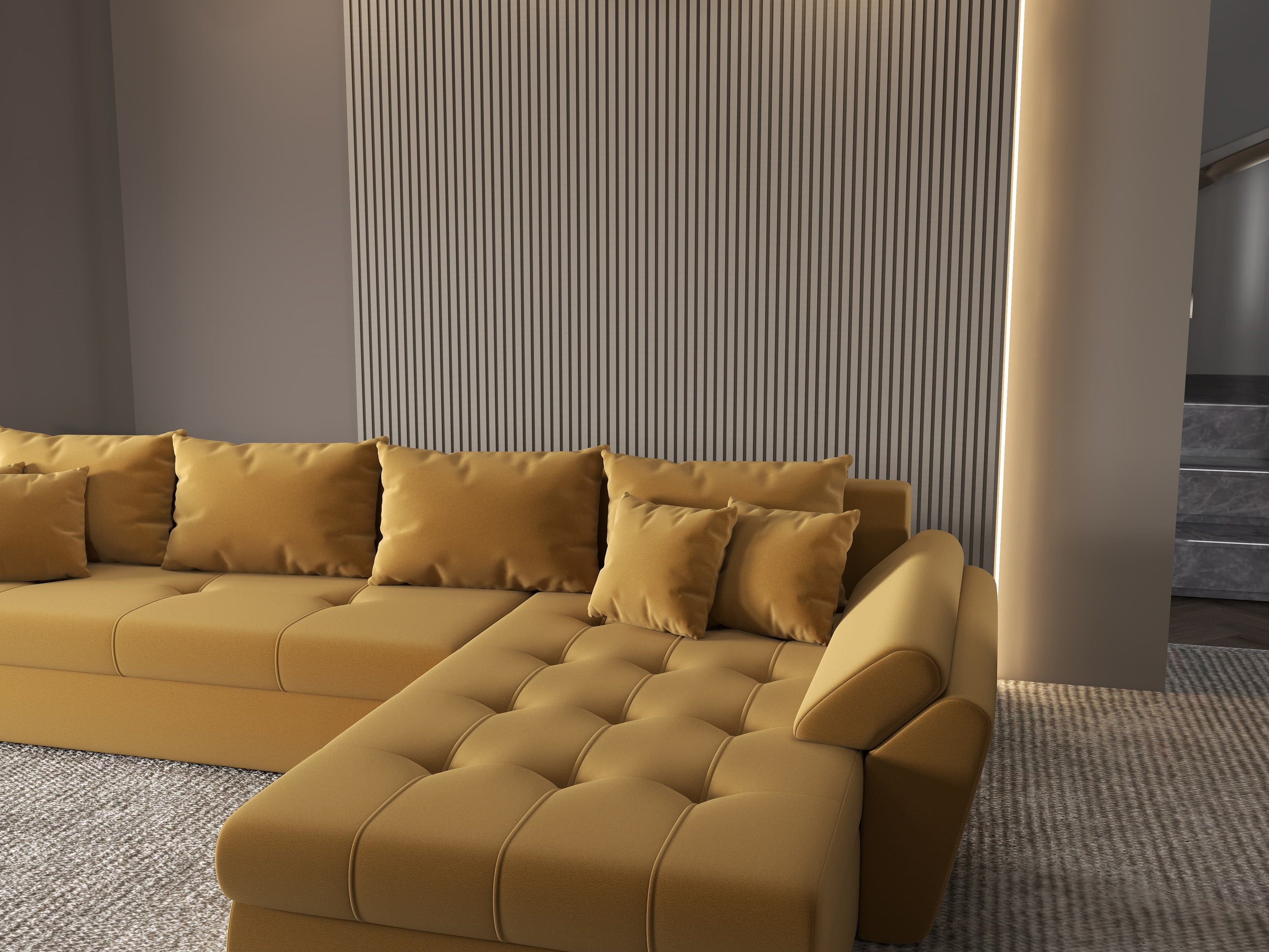 Colțar extensibil dumonde cu ladă de depozitare si sezut confortabil din spuma high-density, Loana XL Royal Mustar II 335x185 cm