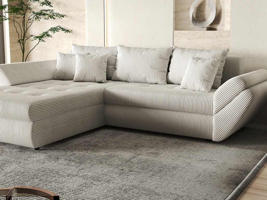 Colțar extensibil dumonde cu ladă de depozitare si sezut confortabil din spuma high-density, Loana Zoom Crem 270x185 cm