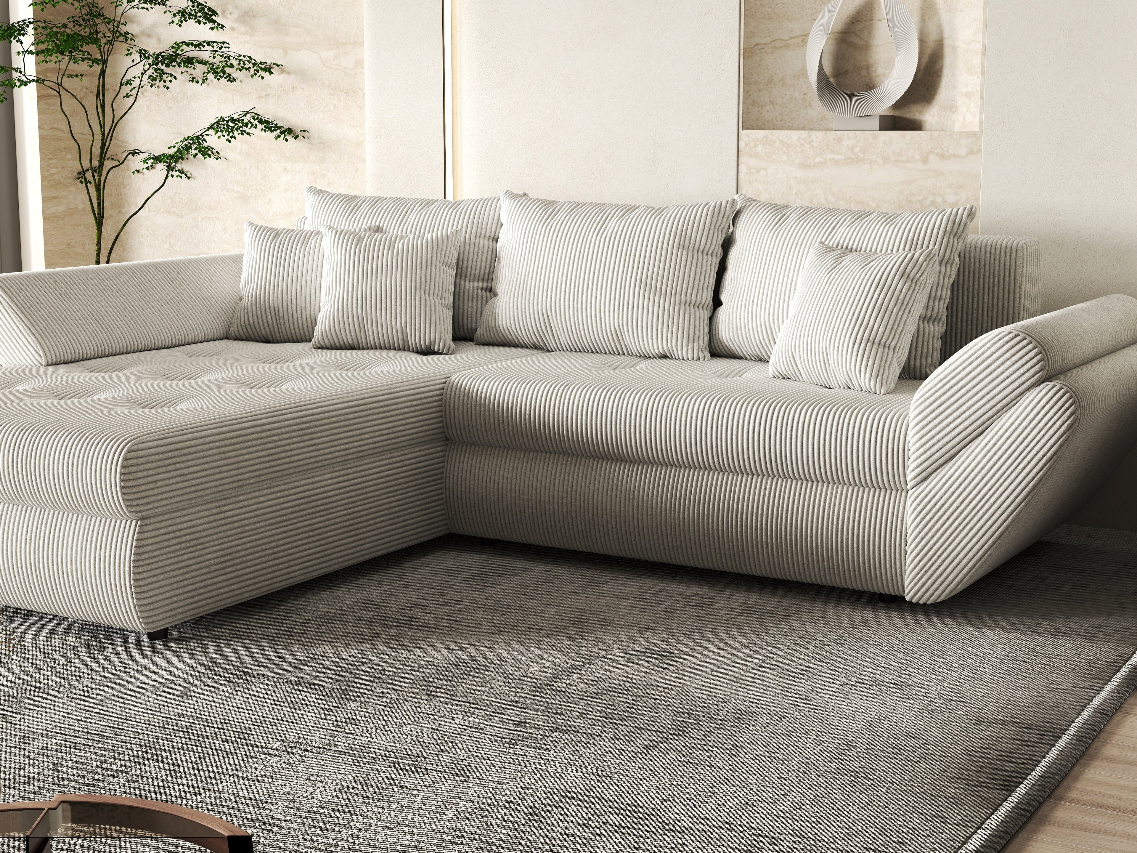 Colțar extensibil dumonde cu ladă de depozitare si sezut confortabil din spuma high-density, Loana Zoom Crem 270x185 cm