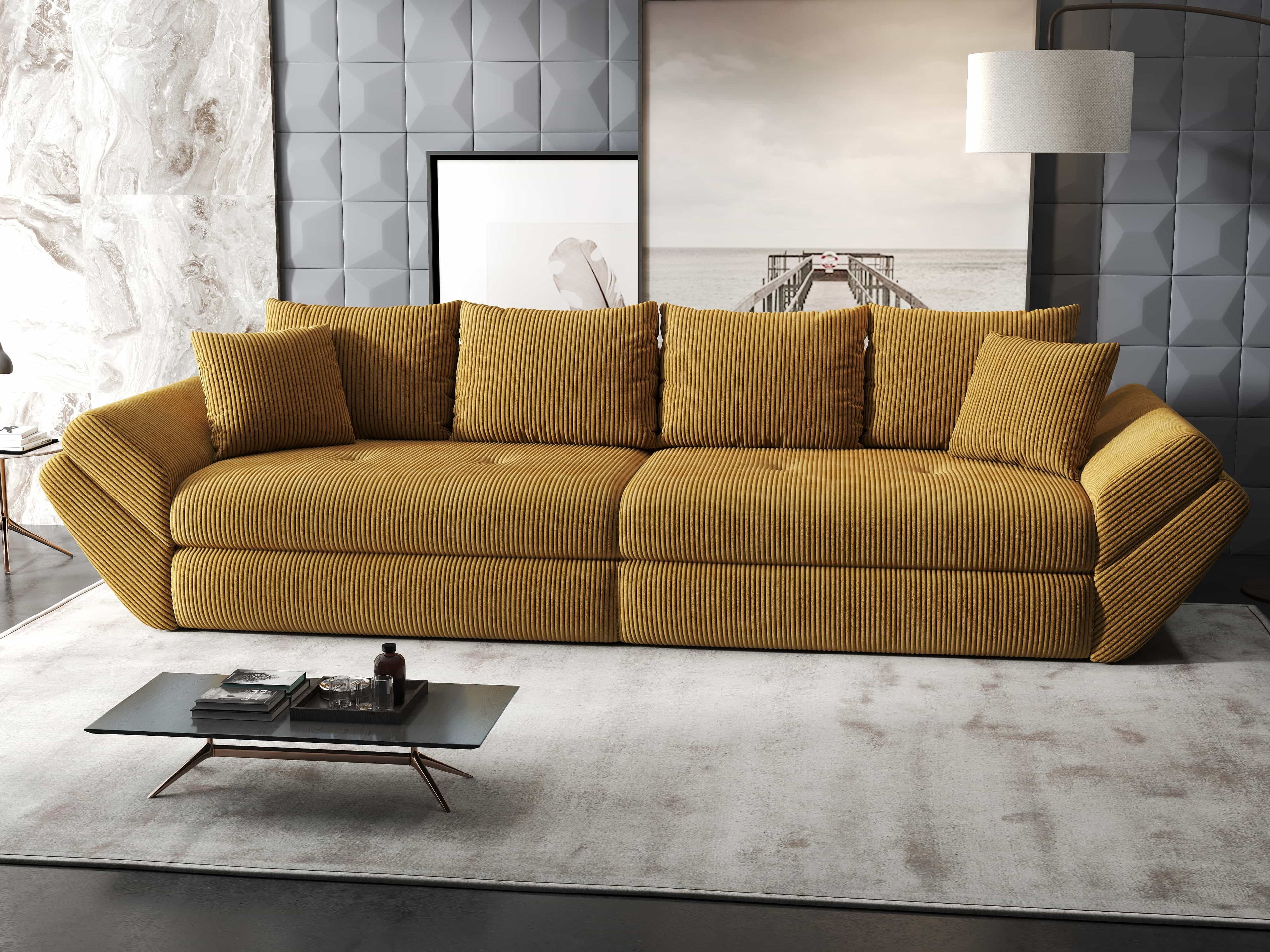 Canapea extensibilă dumonde cu ladă de depozitare si sezut confortabil din spuma high-density, Loana Zoom Mustar 300x100 cm