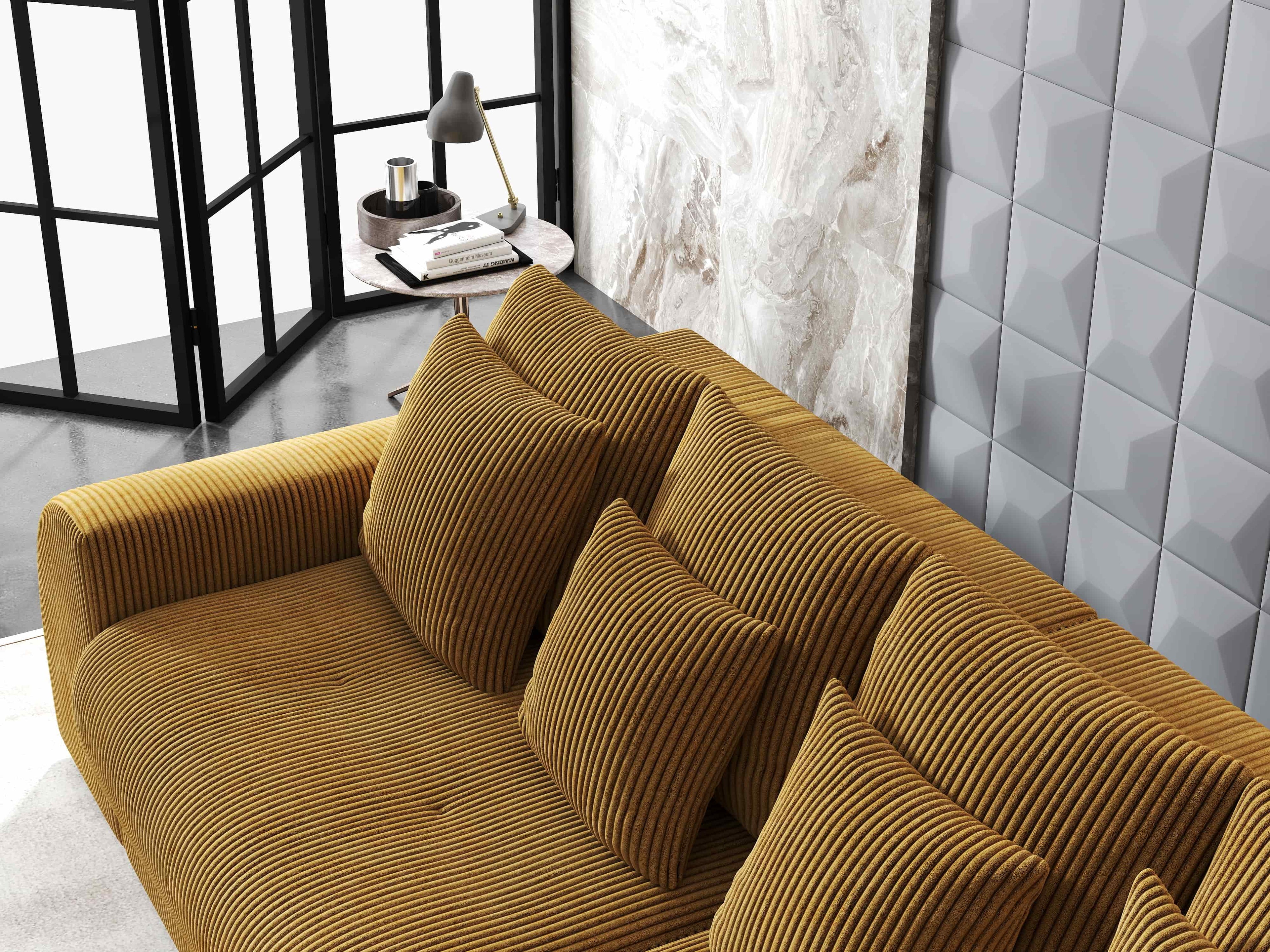 Colțar extensibil dumonde cu ladă de depozitare si sezut confortabil din spuma high-density, Verona Zoom Mustar II 290x185 cm