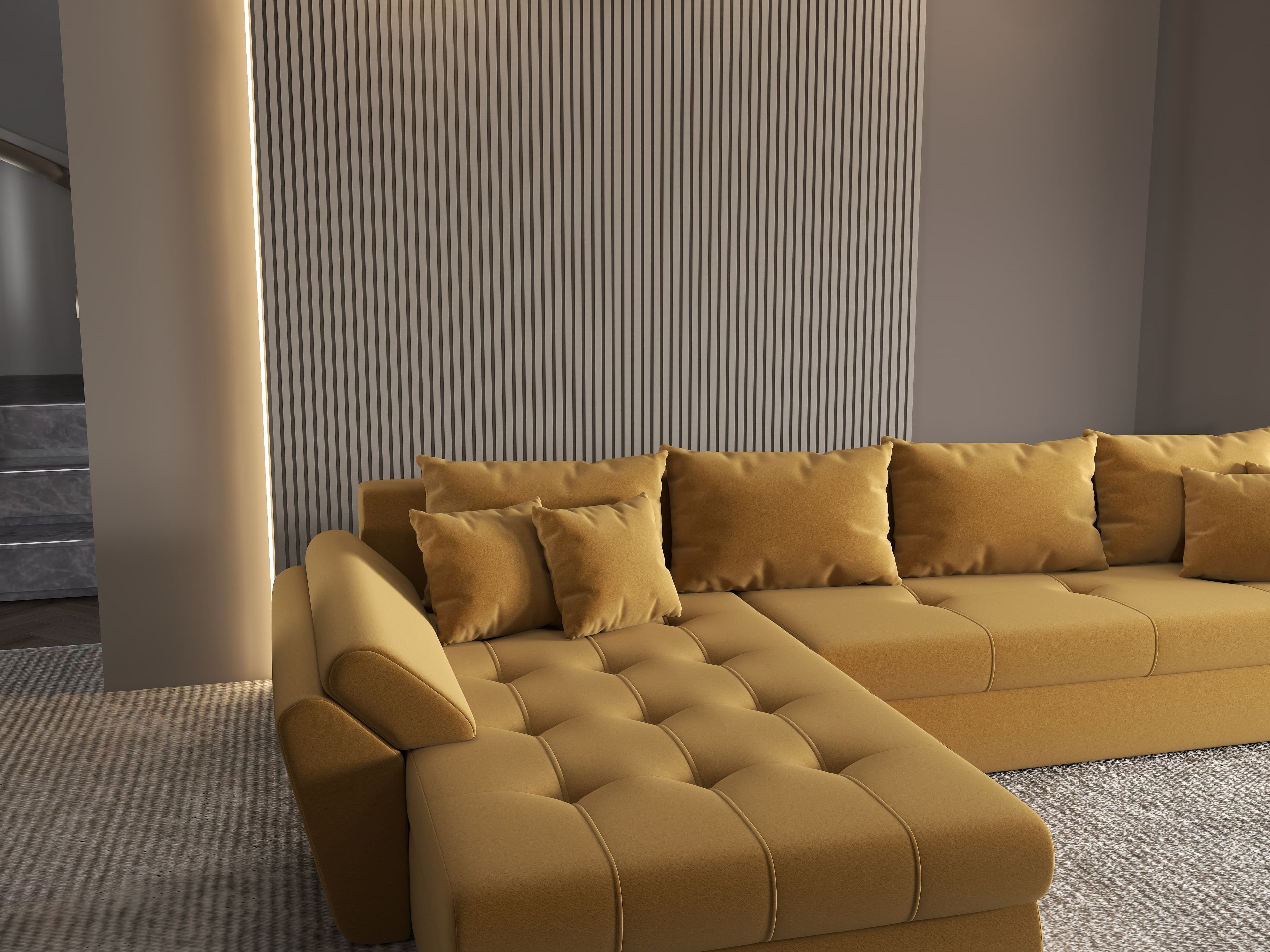 Colțar extensibil dumonde cu ladă de depozitare si sezut confortabil din spuma high-density, Loana XL Royal Mustar 335x185 cm
