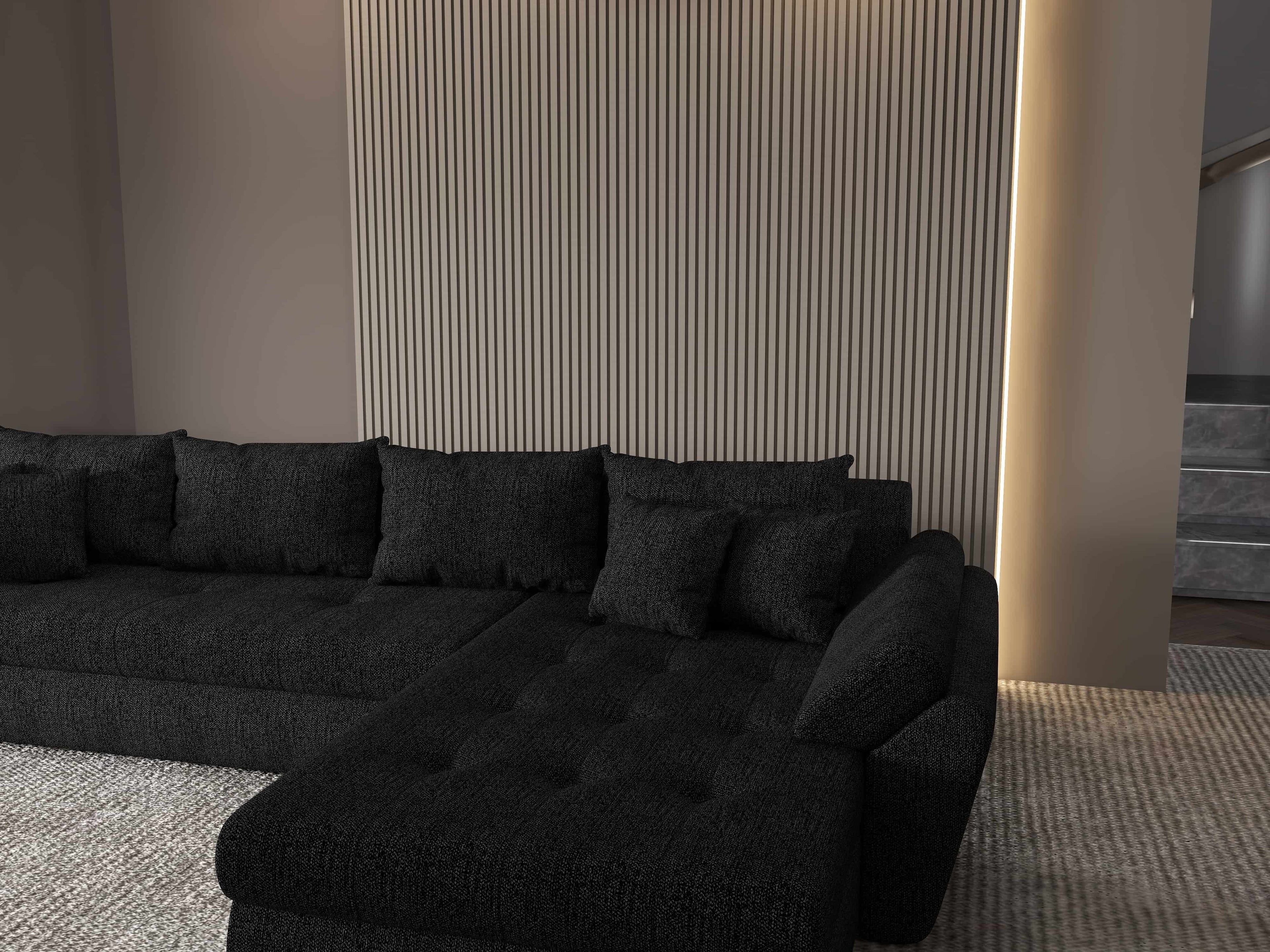 Colțar extensibil dumonde cu ladă de depozitare si sezut confortabil din spuma high-density, Loana XL Enjoy Negru II 335x185 cm