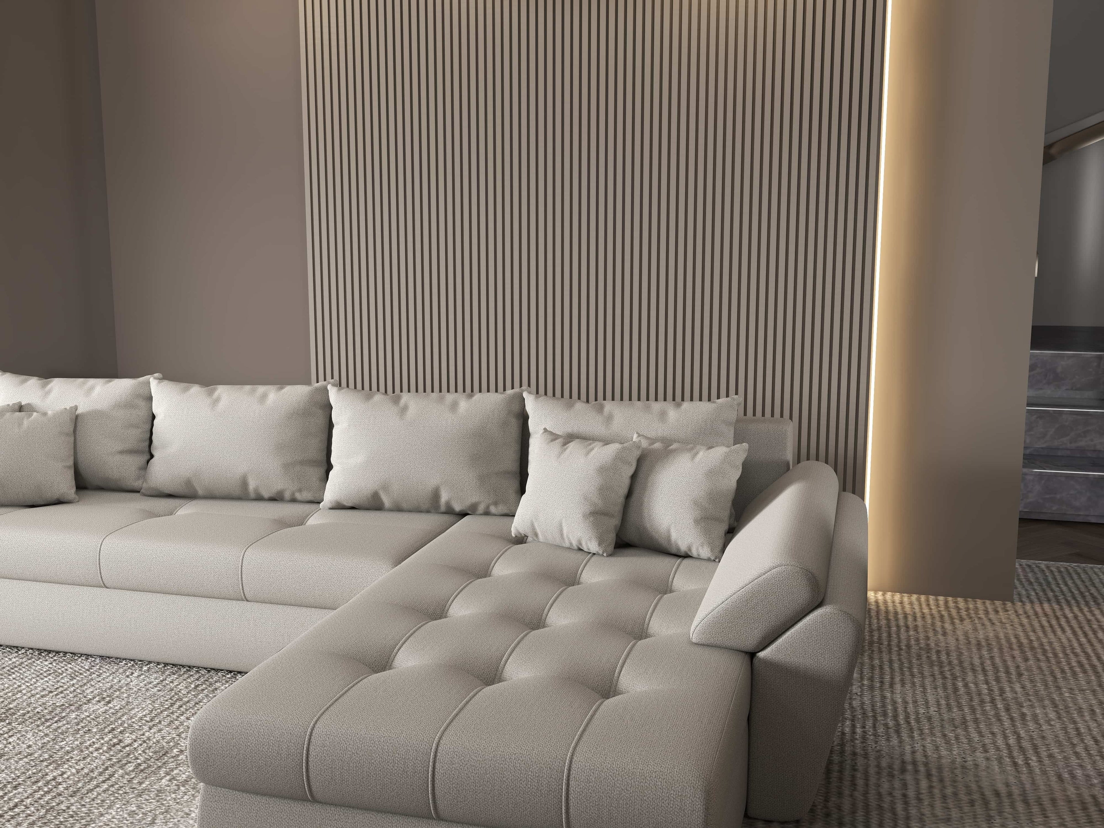 Colțar extensibil dumonde cu ladă de depozitare si sezut confortabil din spuma high-density, Loana XL Enjoy Beige II 335x185 cm