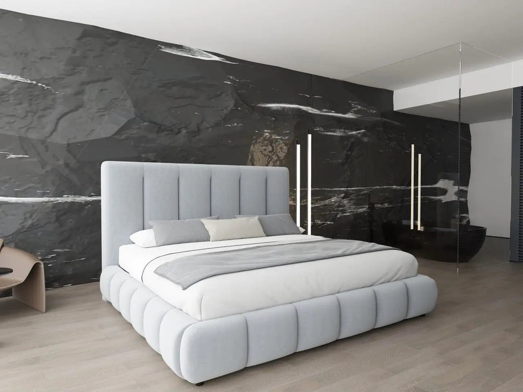 Pat dormitor dumonde, tapitat gri, Divaneo 180x200 cm, somiera rabatabila inclusa, spatiu depozitare