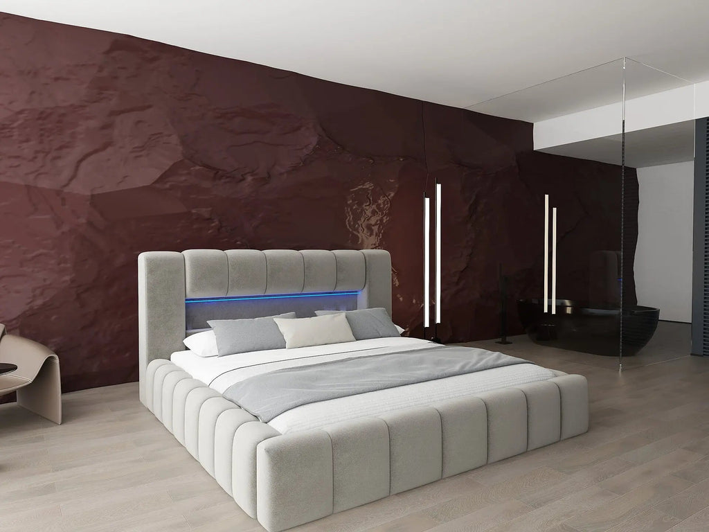 Pat dormitor dumonde, tapitat bej cu LED si USB, Palermo 180x200 cm, somiera rabatabila inclusa, spatiu depozitare