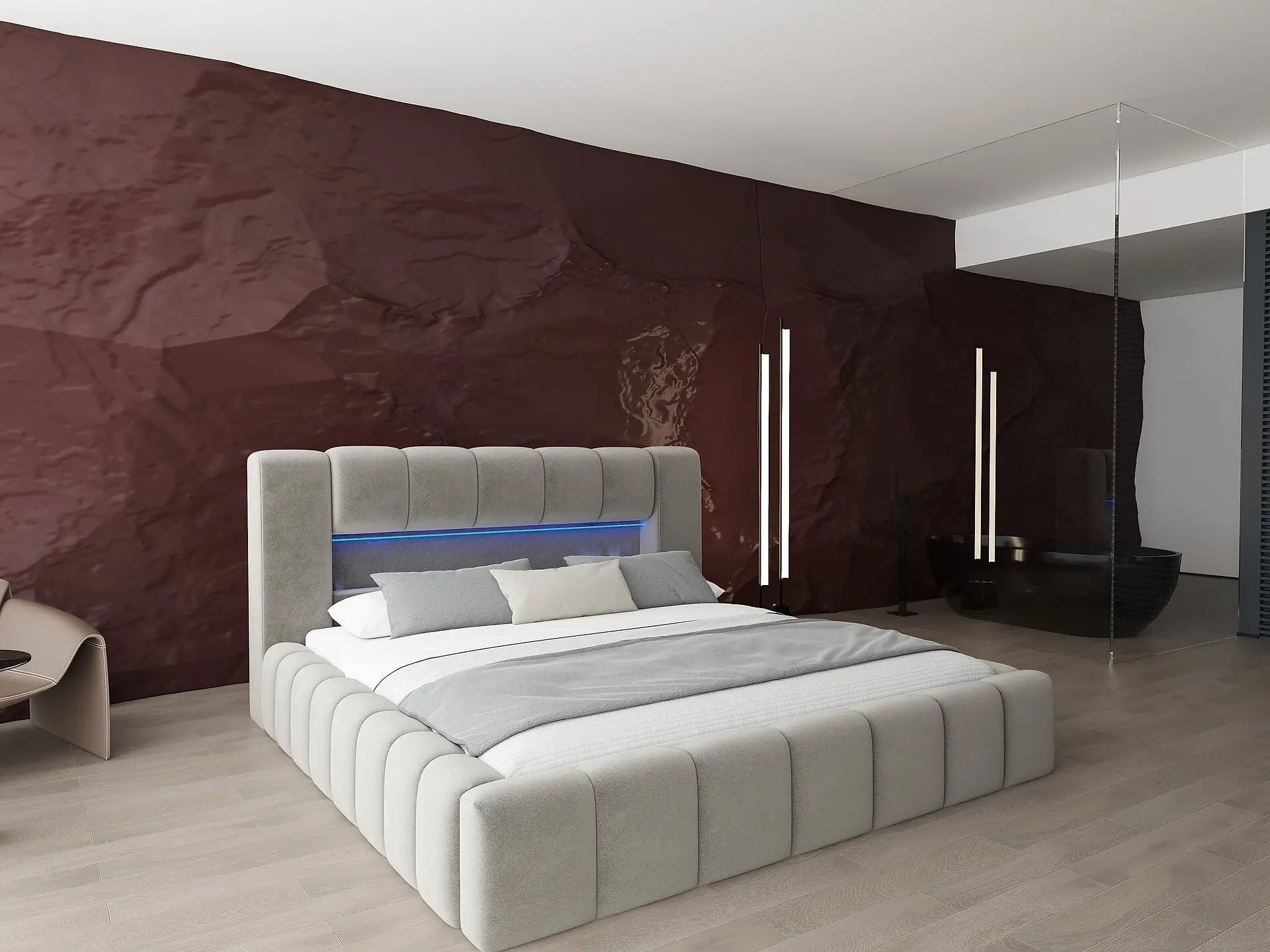 Pat dormitor dumonde, tapitat bej cu LED si USB, Palermo 180x200 cm, somiera rabatabila inclusa, spatiu depozitare