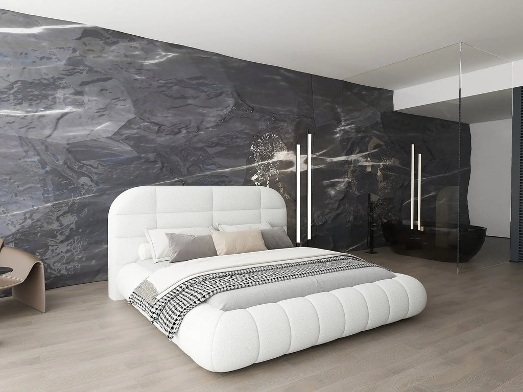 Pat dormitor dumonde, tapitat alb, Senso 160x200 cm, somiera rabatabila inclusa, spatiu depozitare