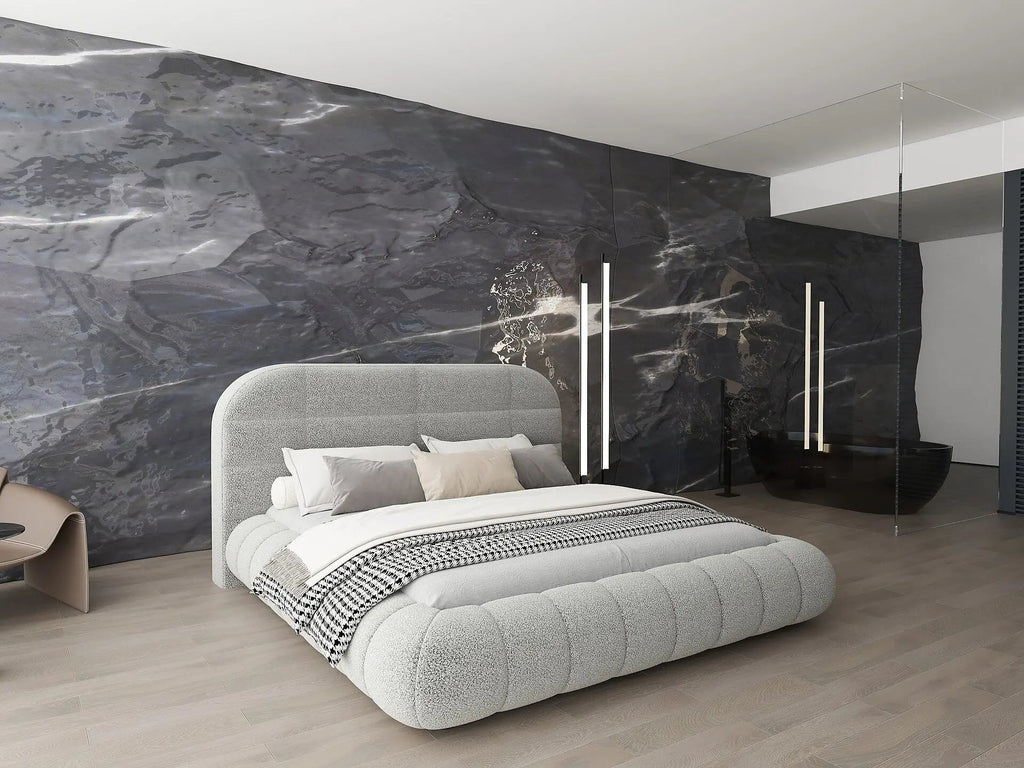 Pat dormitor dumonde, tapitat gri, Senso 160x200 cm, somiera rabatabila inclusa, spatiu depozitare
