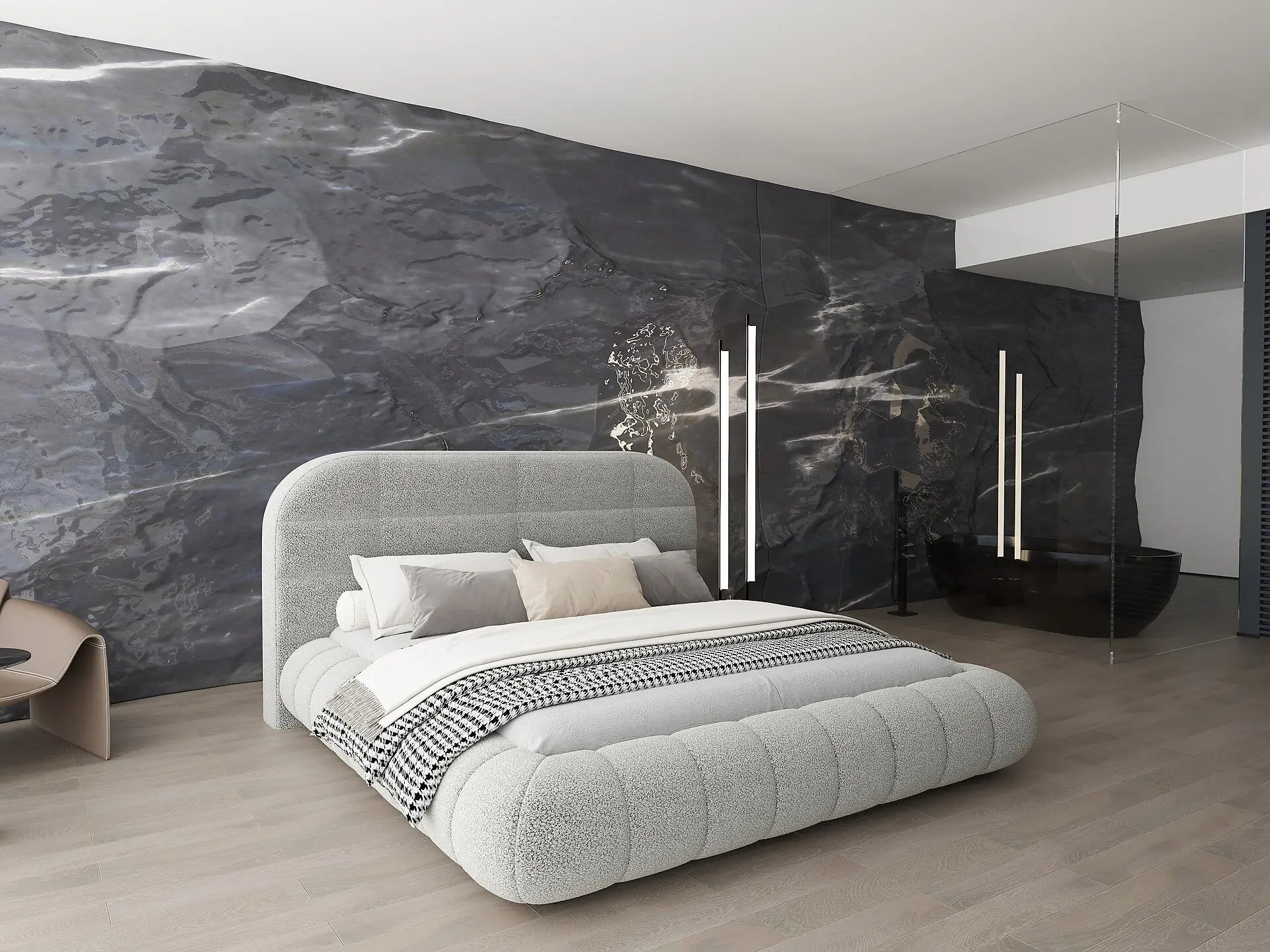 Pat dormitor dumonde, tapitat gri, Senso 160x200 cm, somiera rabatabila inclusa, spatiu depozitare
