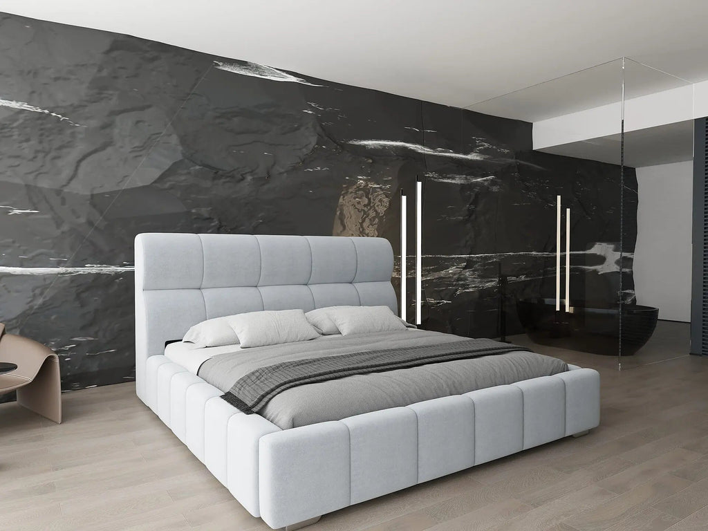 Pat dormitor dumonde, tapitat gri, Prestige 160x200 cm, somiera rabatabila inclusa, spatiu depozitare