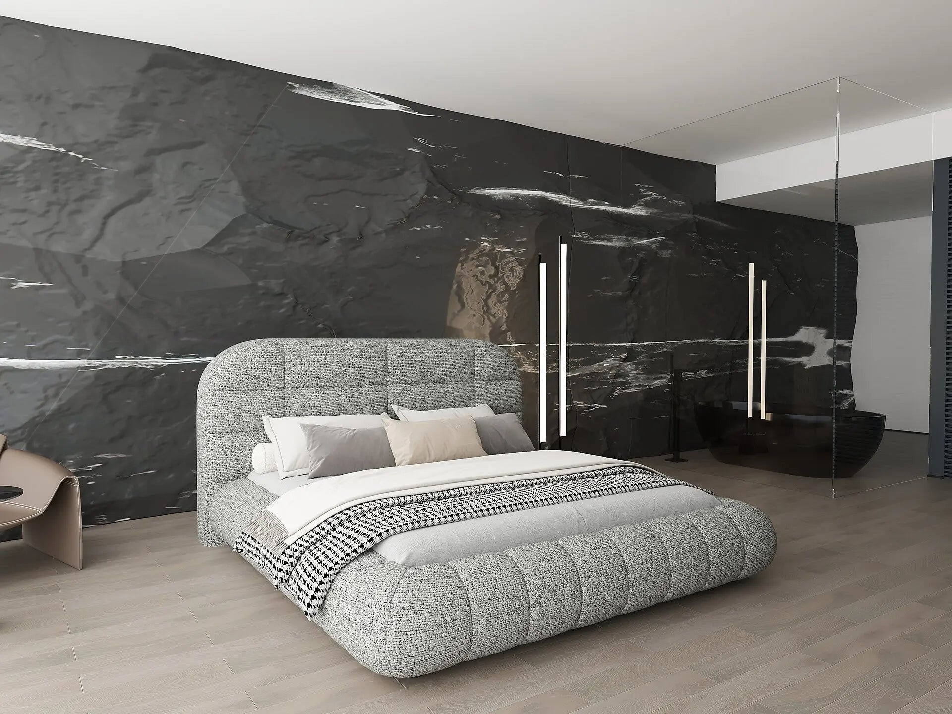 Pat dormitor dumonde, tapitat gri, Senso 180x200 cm, somiera rabatabila inclusa, spatiu depozitare