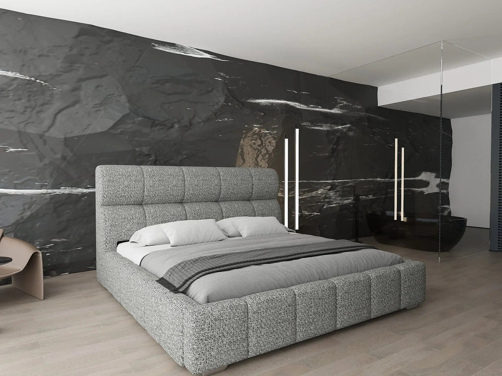 Pat dormitor dumonde, tapitat grey, Prestige 180x200 cm, somiera rabatabila inclusa, spatiu depozitare