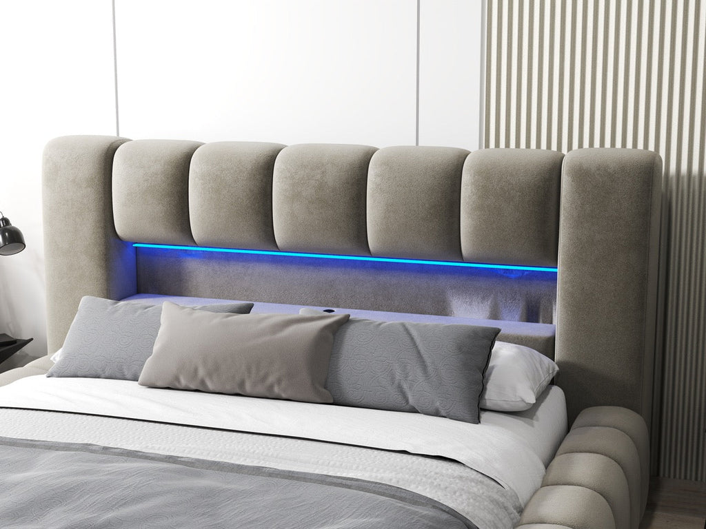 Pat dormitor dumonde, tapitat bej cu LED si USB, Palermo 160x200 cm, somiera rabatabila inclusa, spatiu depozitare