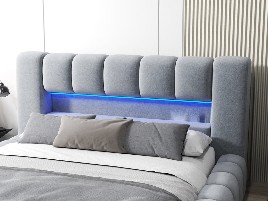 Pat dormitor dumonde, tapitat gri cu LED si USB, Palermo 160x200 cm, somiera rabatabila inclusa, spatiu depozitare