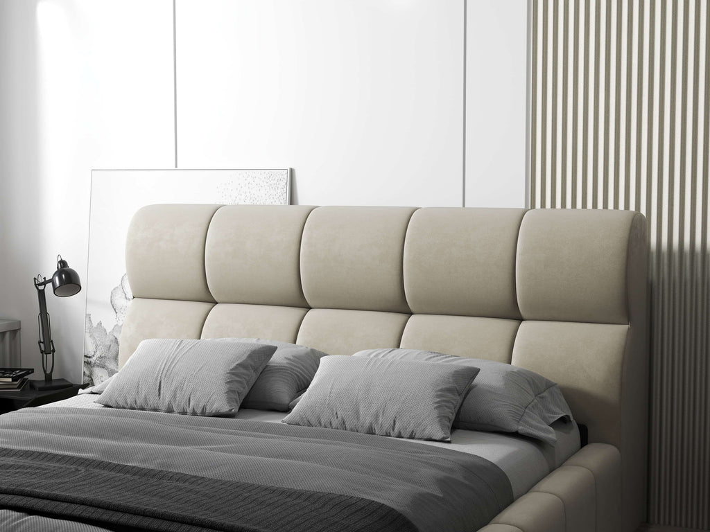 Pat dormitor dumonde, tapitat bej, Prestige 160x200 cm, somiera rabatabila inclusa, spatiu depozitare