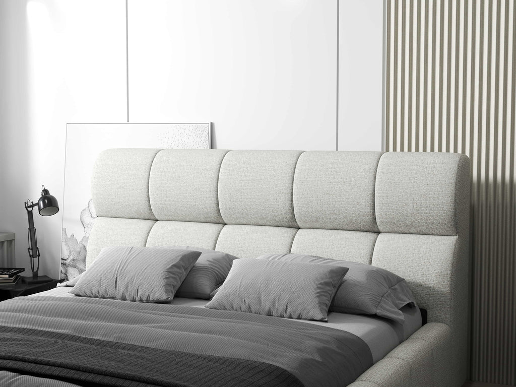 Pat dormitor dumonde, tapitat bej, Prestige 180x200 cm, somiera rabatabila inclusa, spatiu depozitare