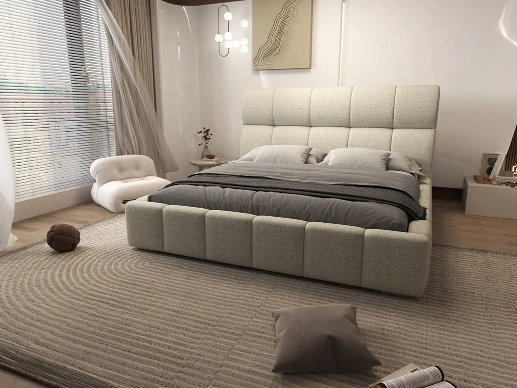 Pat dormitor dumonde, tapitat bej, Prestige 180x200 cm, somiera rabatabila inclusa, spatiu depozitare