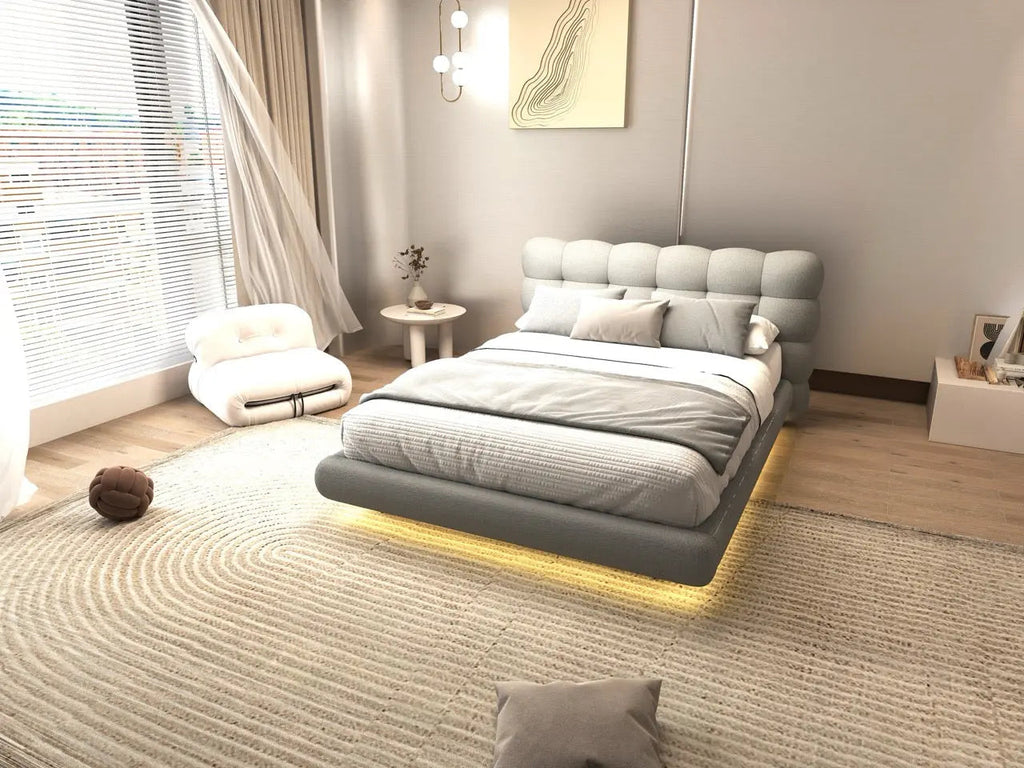 Pat dormitor dumonde, tapitat gri cu LED, "floating bed" Cloud 180x200 cm, somiera inclusa