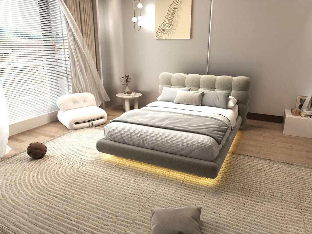 Pat dormitor dumonde, tapitat bej cu LED, "floating bed" Cloud 160x200 cm, somiera inclusa