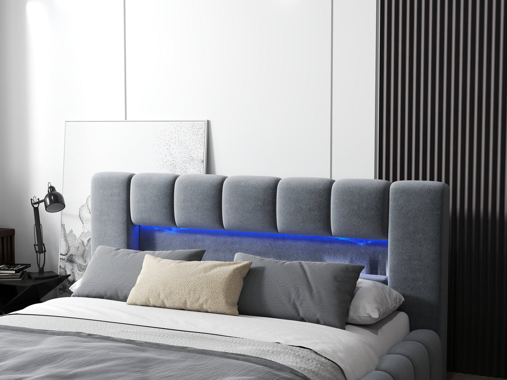 Pat dormitor dumonde, tapitat gri cu LED si USB, Palermo 180x200 cm, somiera rabatabila inclusa, spatiu depozitare