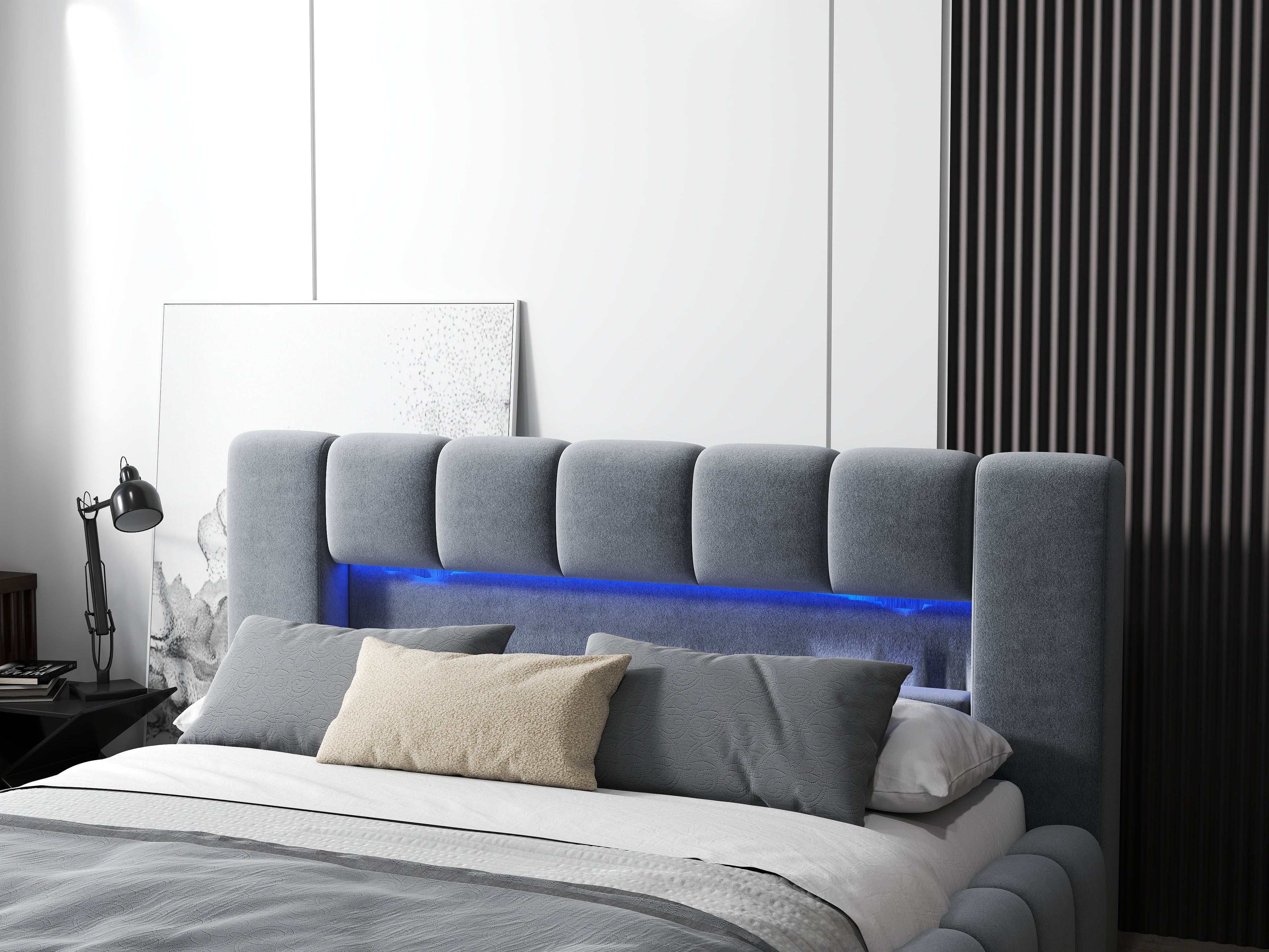 Pat dormitor dumonde, tapitat gri cu LED si USB, Palermo 180x200 cm, somiera rabatabila inclusa, spatiu depozitare
