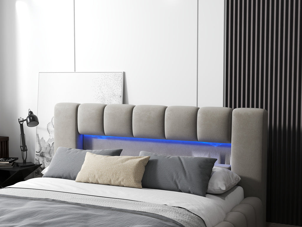 Pat dormitor dumonde, tapitat bej cu LED si USB, Palermo 180x200 cm, somiera rabatabila inclusa, spatiu depozitare