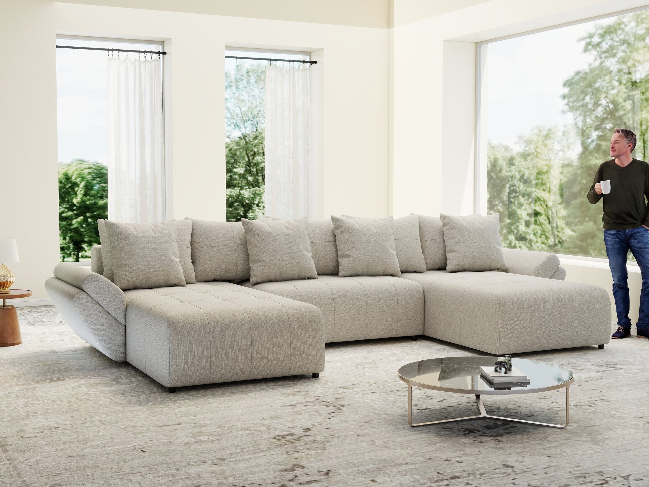 Colțar extensibil dumonde cu ladă de depozitare si sezut confortabil din spuma high-density, Berlin U Enjoy Bej 380x180 cm