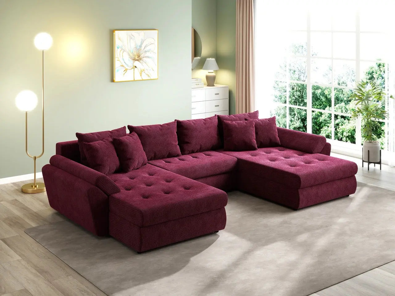 Colțar extensibil dumonde cu ladă de depozitare si sezut confortabil din spuma high-density, Loana U Zoom Red 355x185 cm