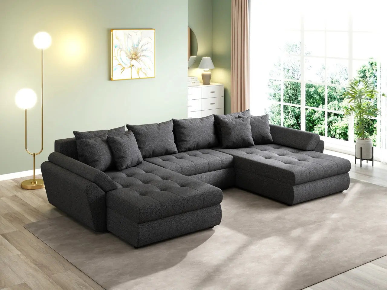 Colțar extensibil dumonde cu ladă de depozitare si sezut confortabil din spuma high-density, Loana U Enjoy Grafit 355x185 cm