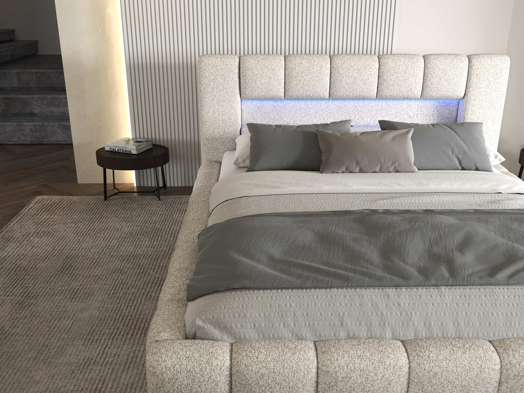 Pat dormitor dumonde, tapitat alb cu LED si USB, Palermo 180x200 cm, somiera rabatabila inclusa, spatiu depozitare