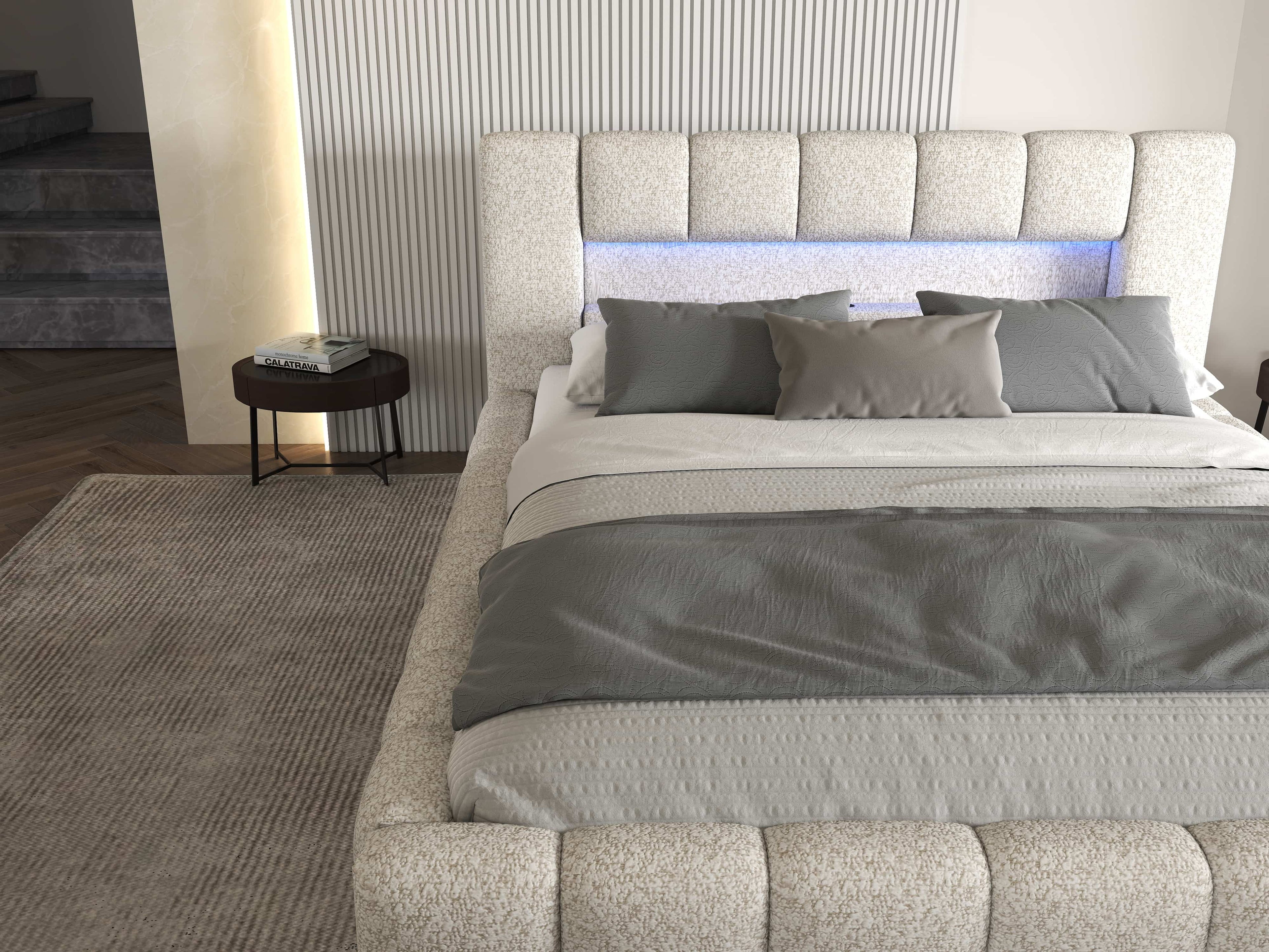 Pat dormitor dumonde, tapitat alb cu LED si USB, Palermo 180x200 cm, somiera rabatabila inclusa, spatiu depozitare