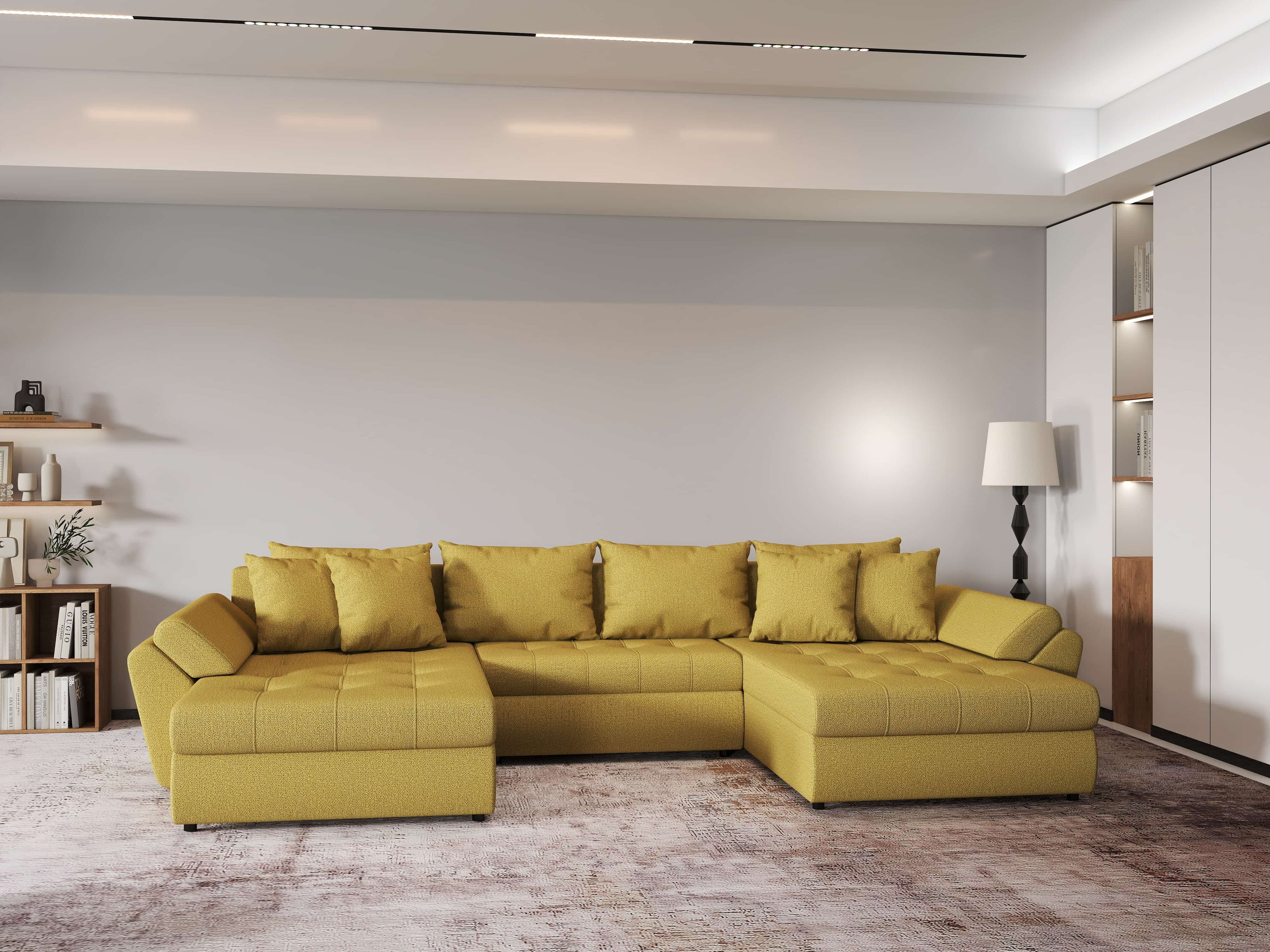 Colțar extensibil dumonde cu ladă de depozitare si sezut confortabil din spuma high-density, Loana U Enjoy Melon 355x185 cm