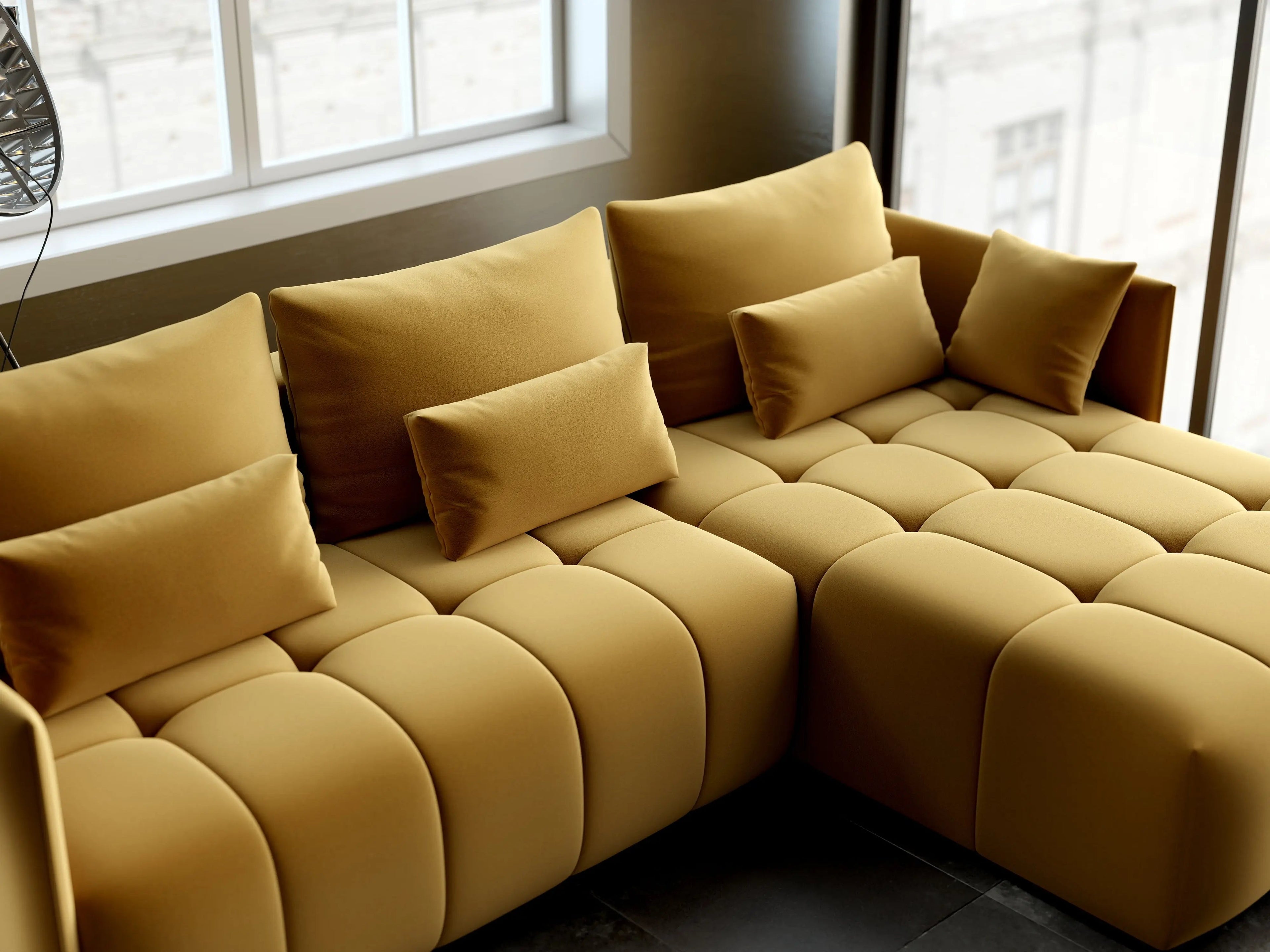 Colțar extensibil dumonde cu ladă de depozitare si sezut confortabil din spuma high-density, Malta Royal Muștar II 235x185 cm