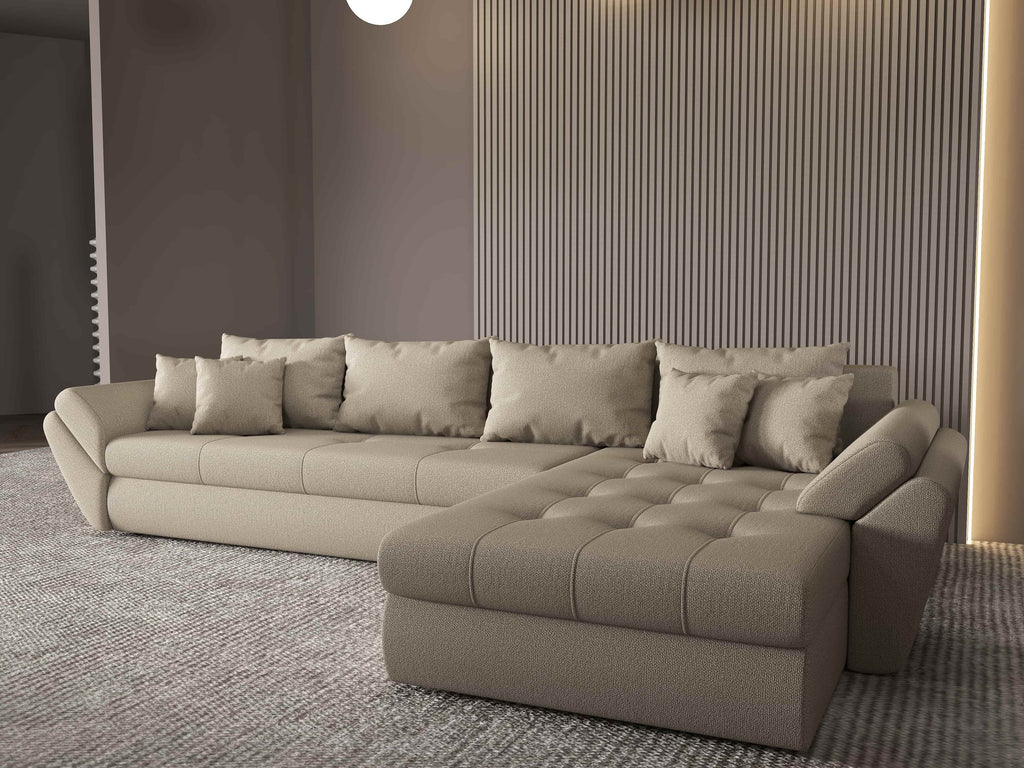 Colțar extensibil dumonde cu ladă de depozitare si sezut confortabil din spuma high-density, Loana XL Enjoy Camel II 335x185 cm