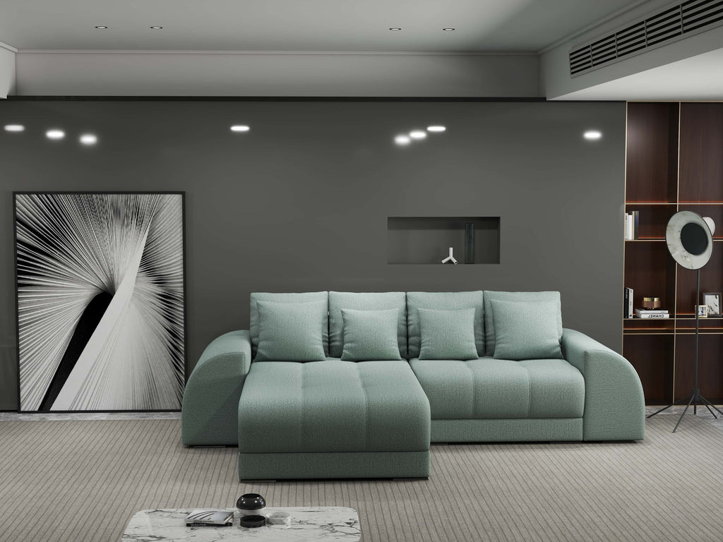 Colțar extensibil dumonde cu ladă de depozitare si sezut confortabil din spuma high-density, Verona Enjoy Mint 290x185 cm