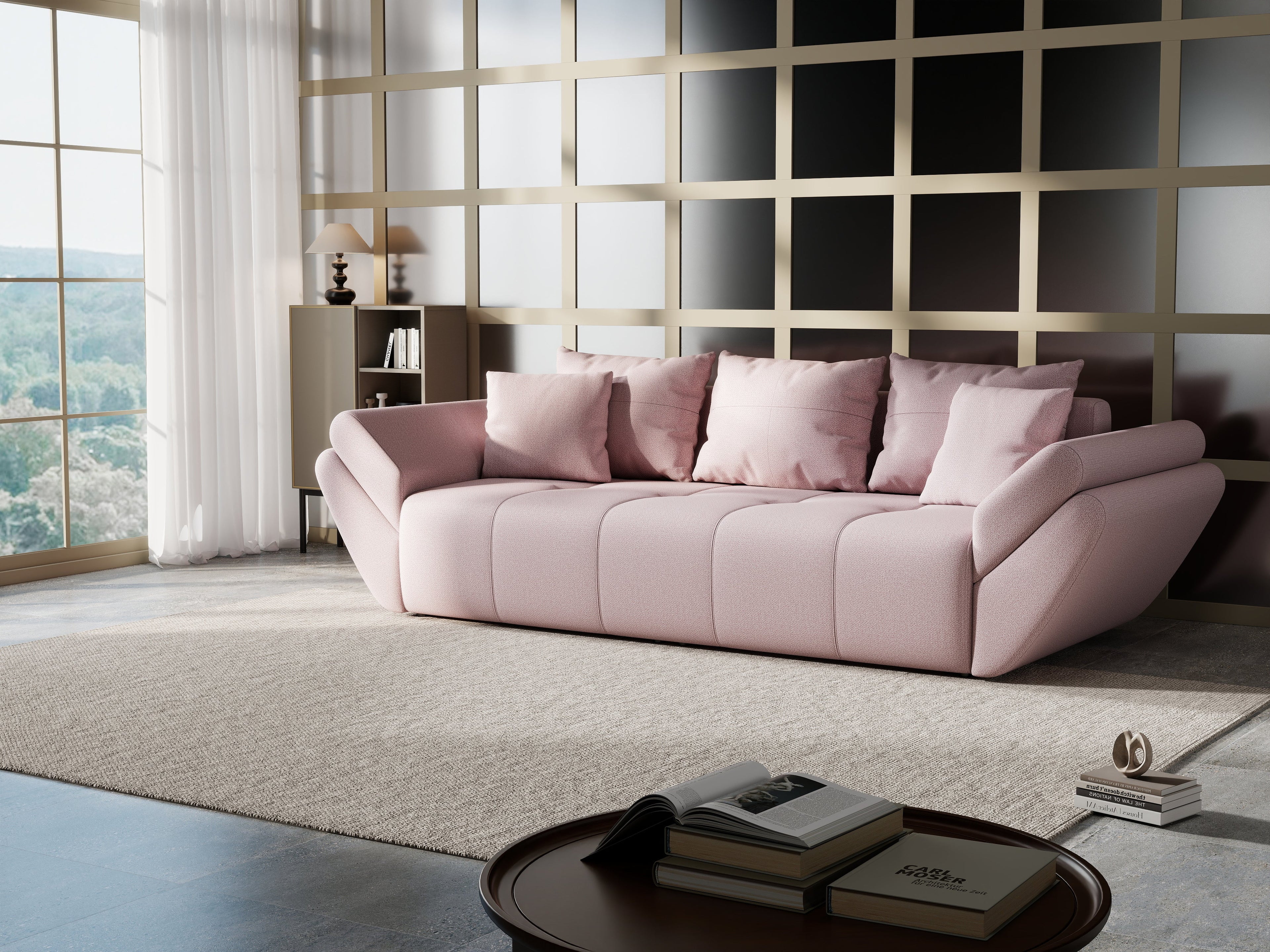 Canapea extensibilă dumonde cu ladă de depozitare si sezut confortabil din spuma high-density, Berlin Enjoy Flamingo 250x100 cm