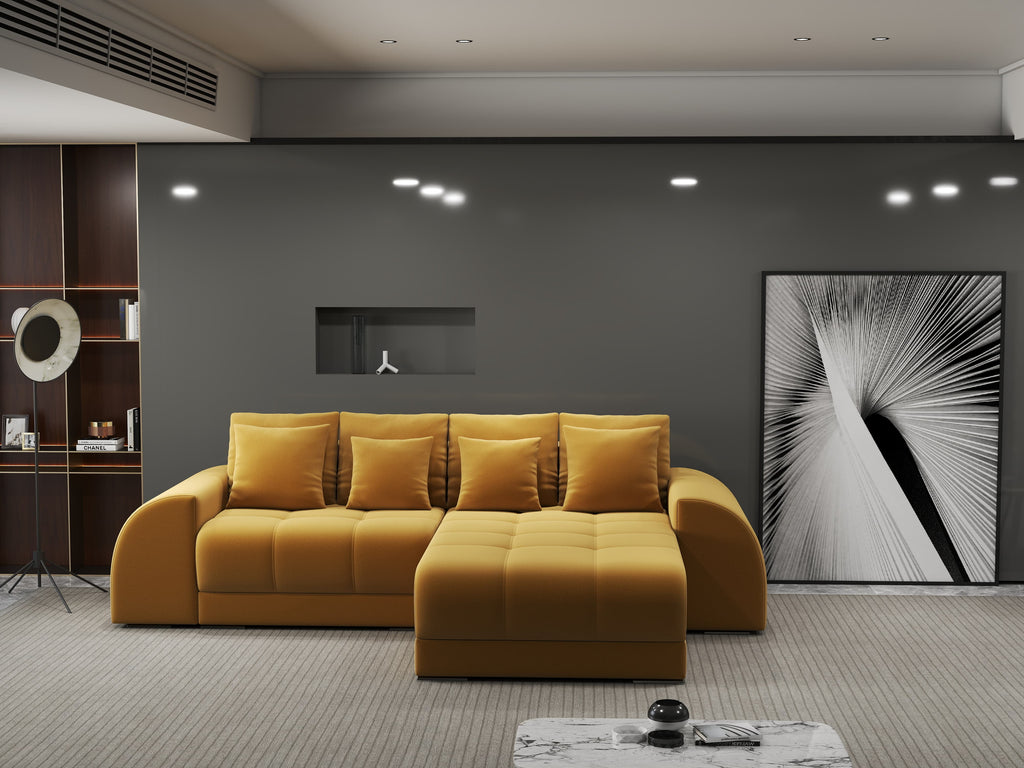 Colțar extensibil dumonde cu ladă de depozitare si sezut confortabil din spuma high-density, Verona Royal Mustar II 290x185 cm