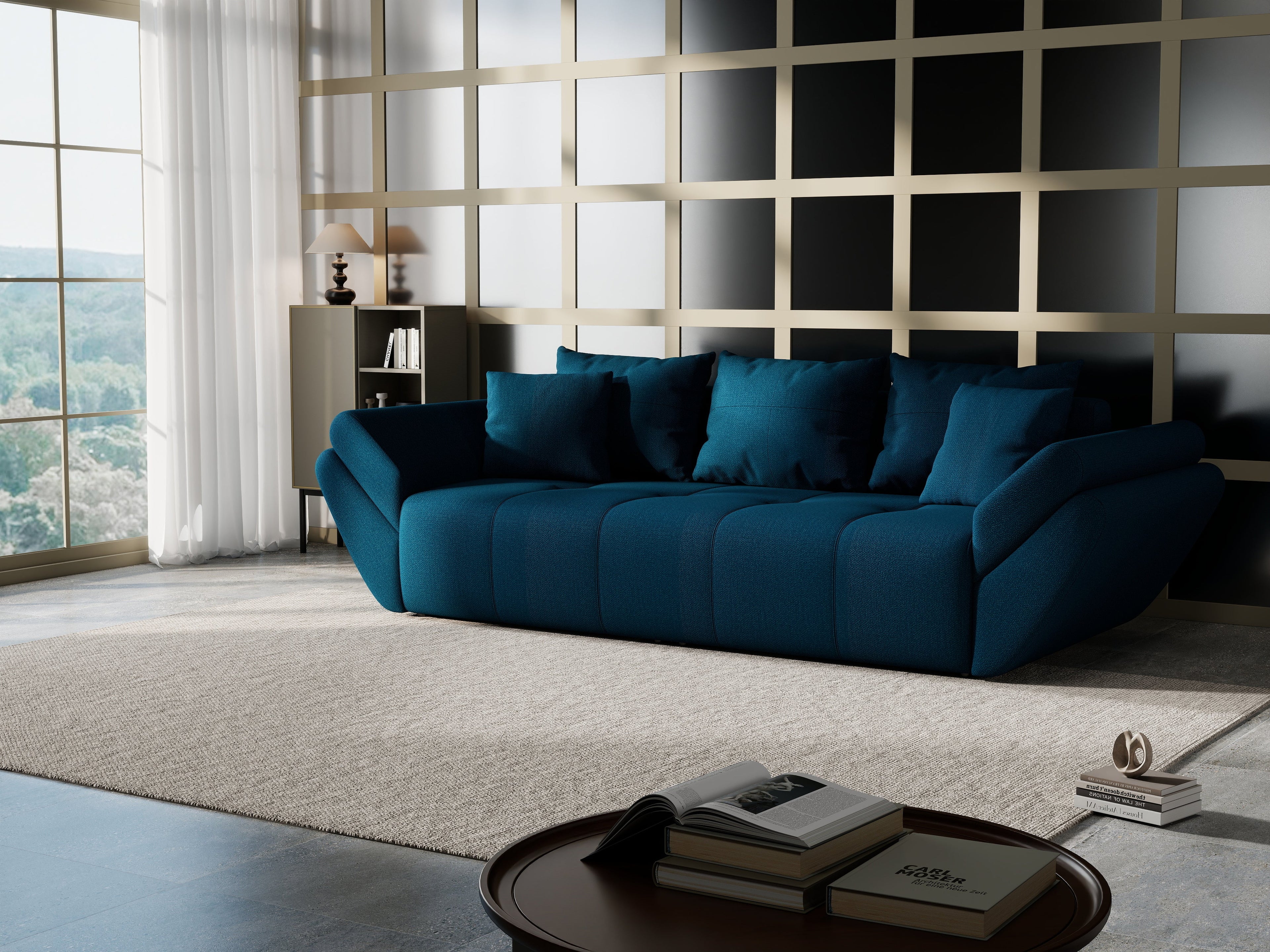 Canapea extensibilă dumonde cu ladă de depozitare si sezut confortabil din spuma high-density, Berlin Enjoy Petrol 250x100 cm