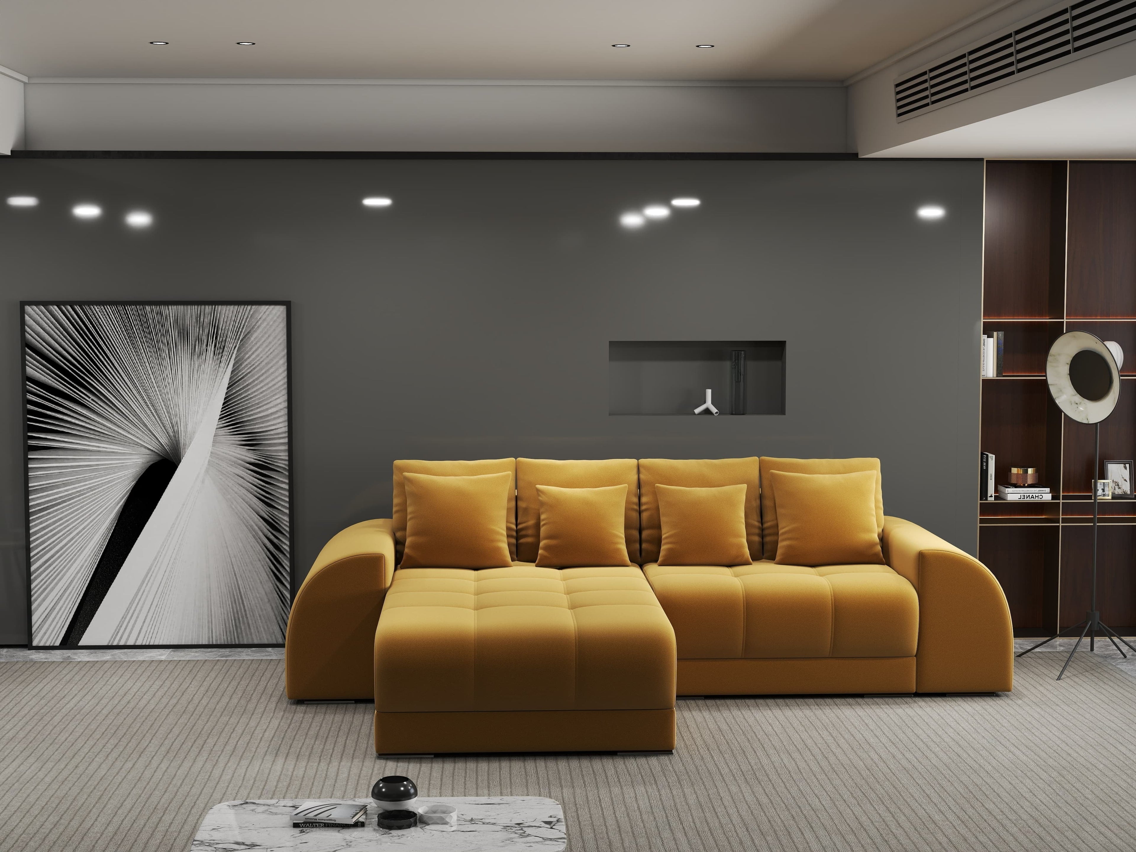 Colțar extensibil dumonde cu ladă de depozitare si sezut confortabil din spuma high-density, Verona Royal Mustar 290x185 cm