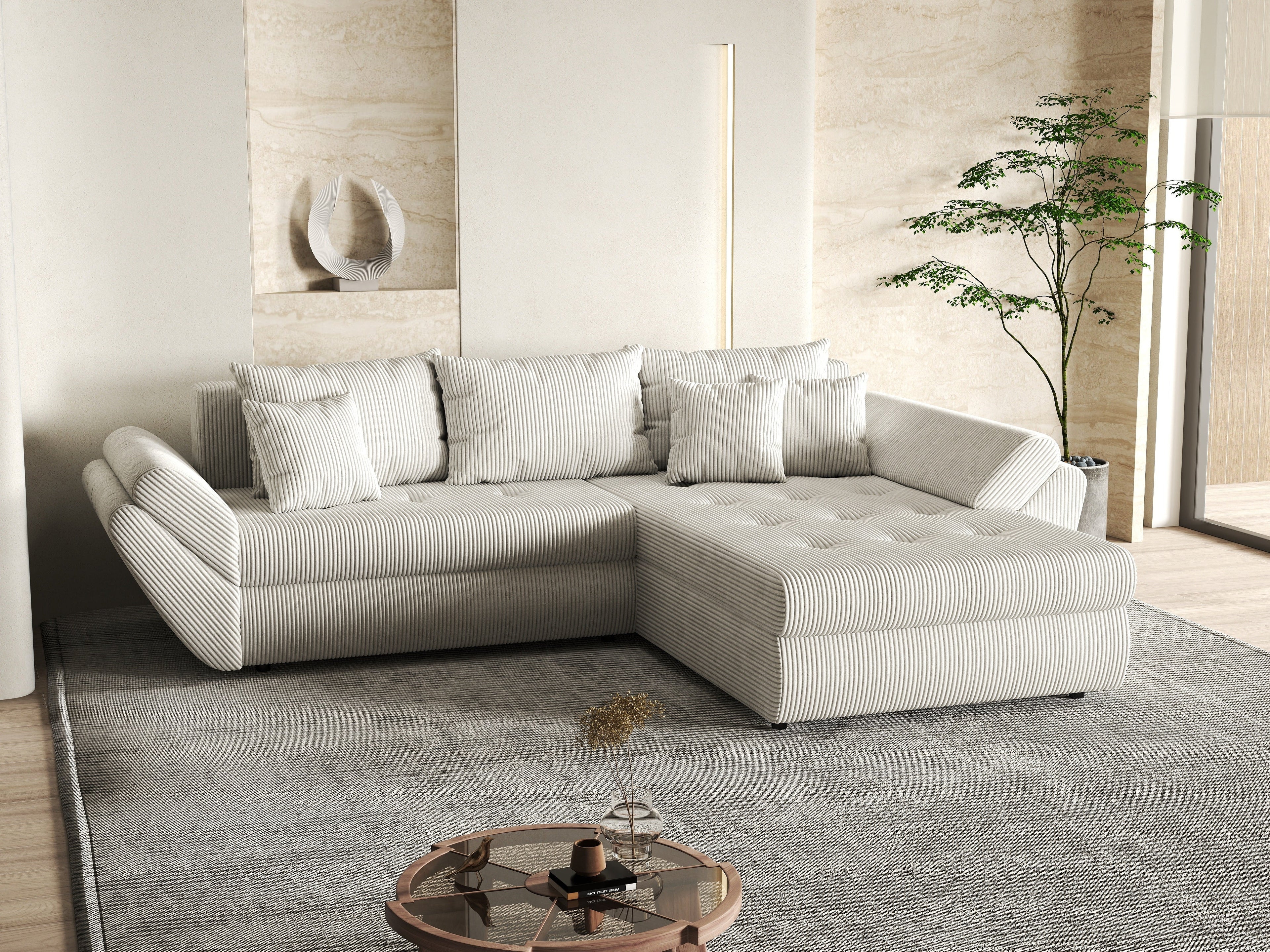 Colțar extensibil dumonde cu ladă de depozitare si sezut confortabil din spuma high-density, Loana Zoom Crem II 270x185 cm