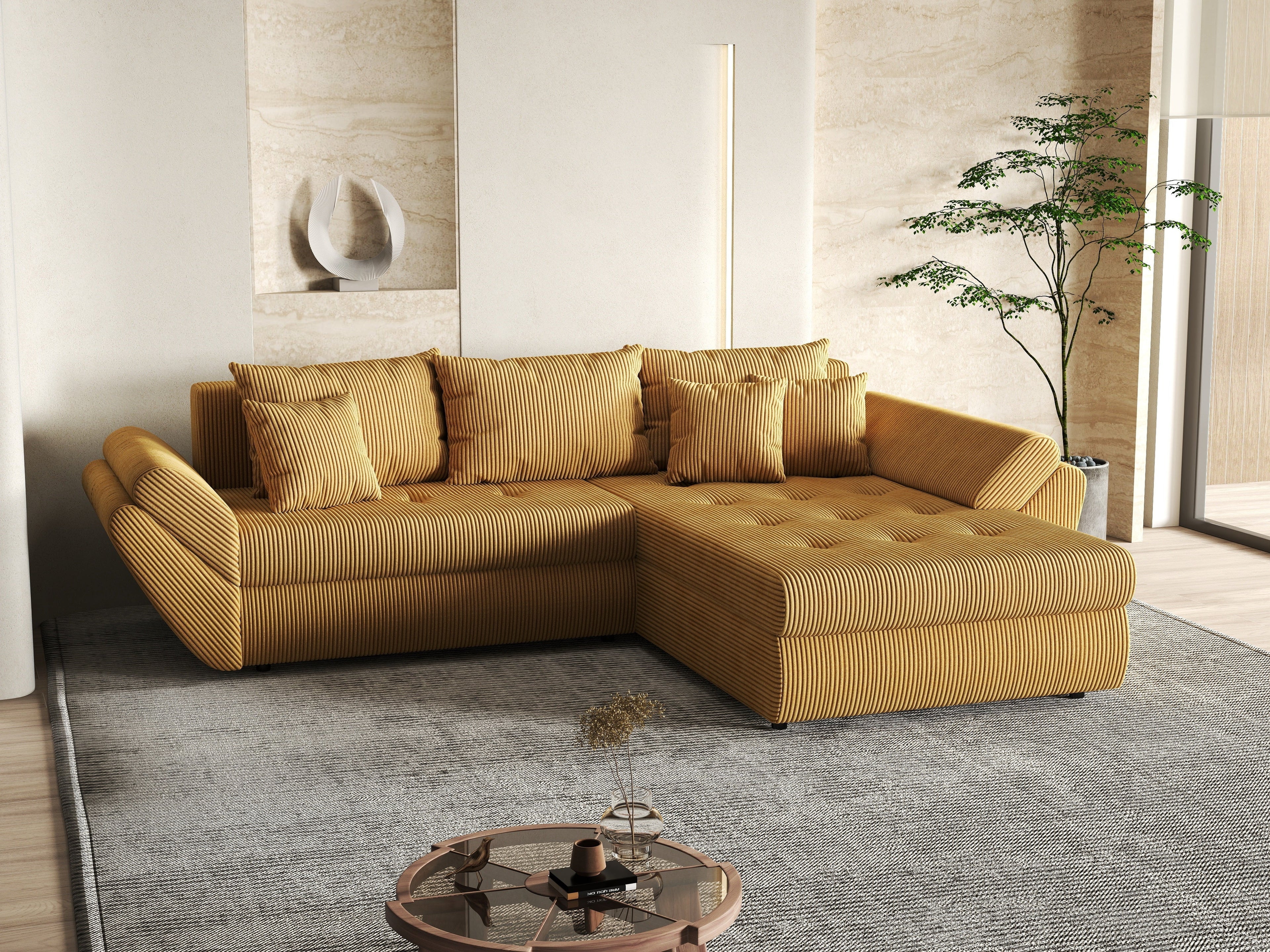 Colțar extensibil dumonde cu ladă de depozitare si sezut confortabil din spuma high-density, Loana Zoom Mustar II 270x185 cm