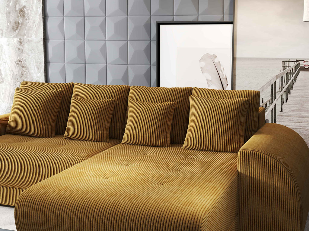 Colțar extensibil dumonde cu ladă de depozitare si sezut confortabil din spuma high-density, Verona Zoom Mustar II 290x185 cm