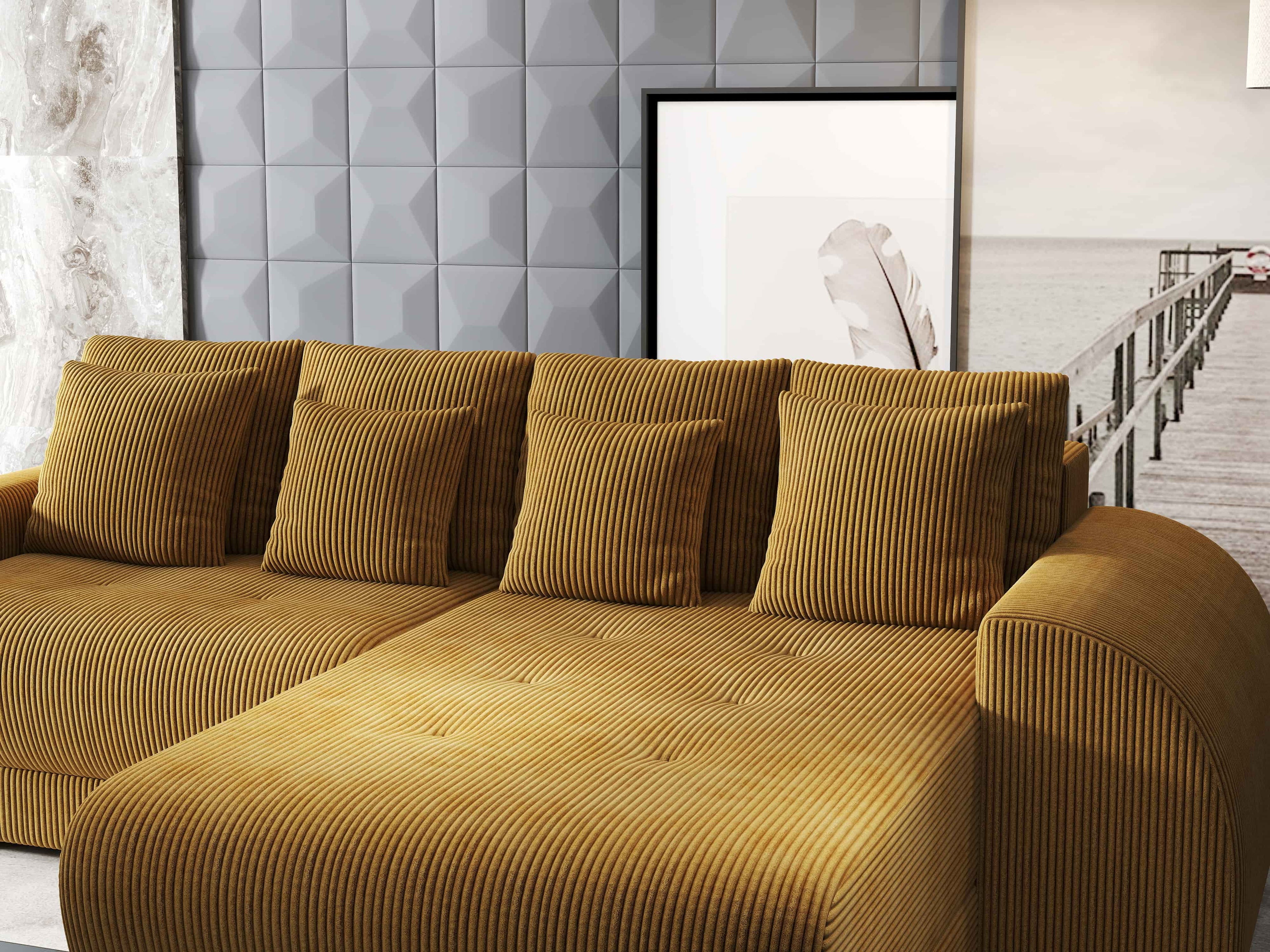Colțar extensibil dumonde cu ladă de depozitare si sezut confortabil din spuma high-density, Verona Zoom Mustar II 290x185 cm