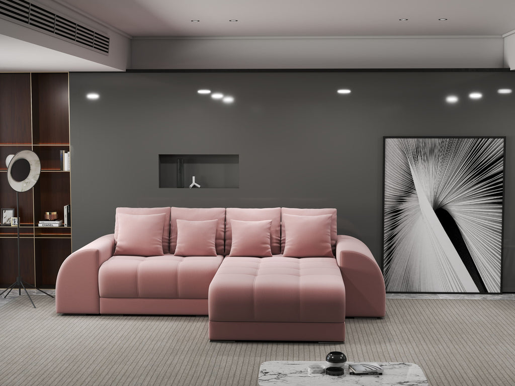 Colțar extensibil dumonde cu ladă de depozitare si sezut confortabil din spuma high-density, Verona Royal Roz II 290x185 cm