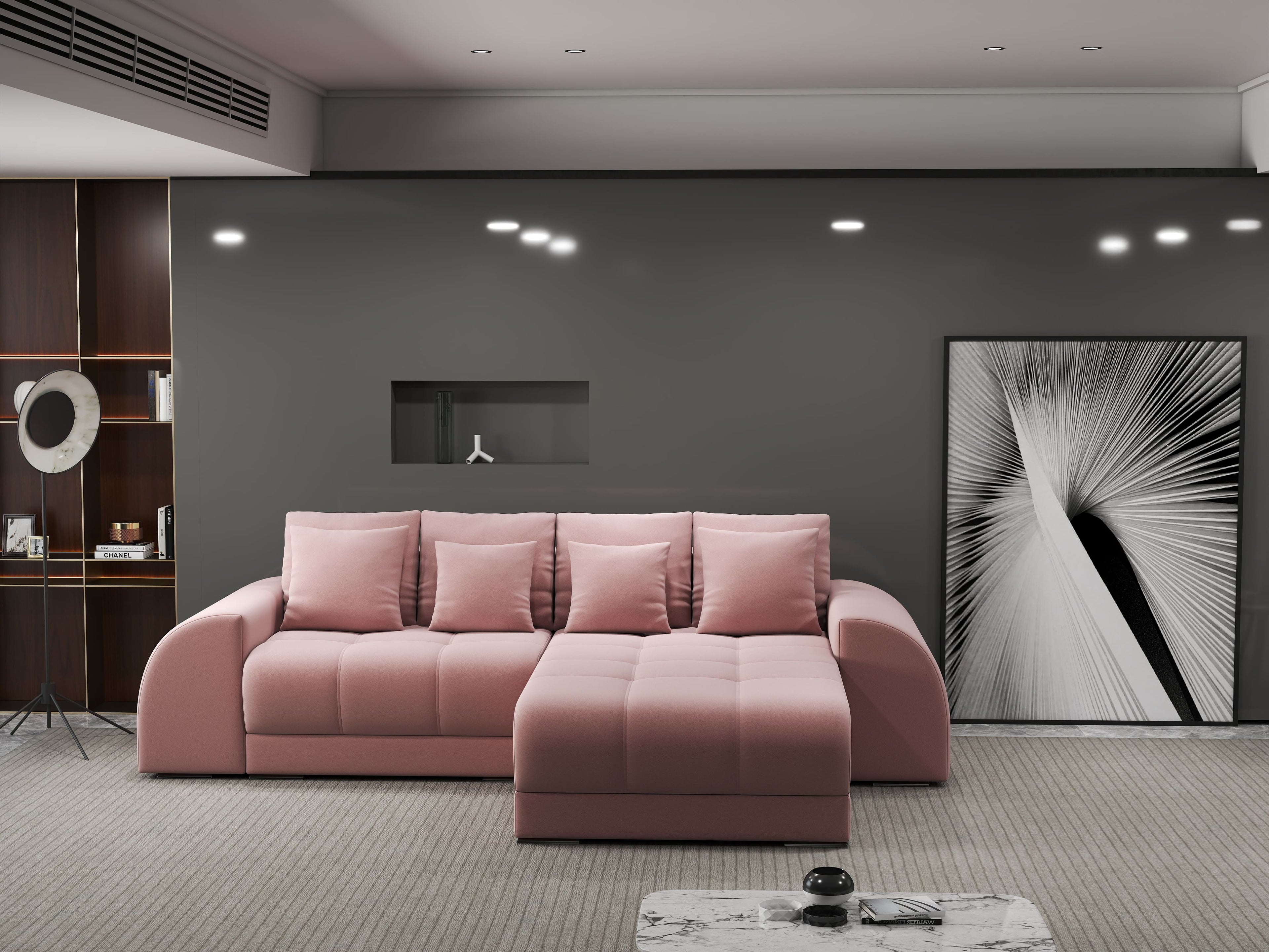 Colțar extensibil dumonde cu ladă de depozitare si sezut confortabil din spuma high-density, Verona Royal Roz II 290x185 cm
