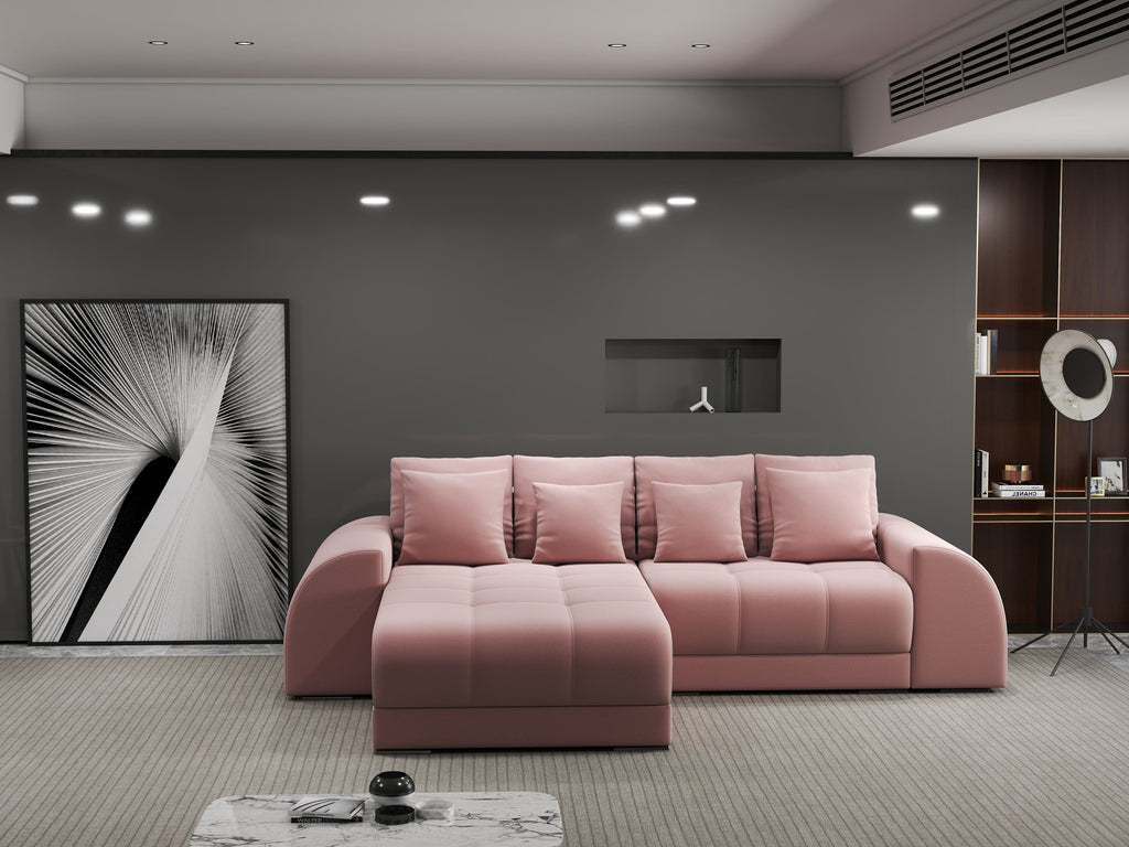 Colțar extensibil dumonde cu ladă de depozitare si sezut confortabil din spuma high-density, Verona Royal Roz 290x185 cm