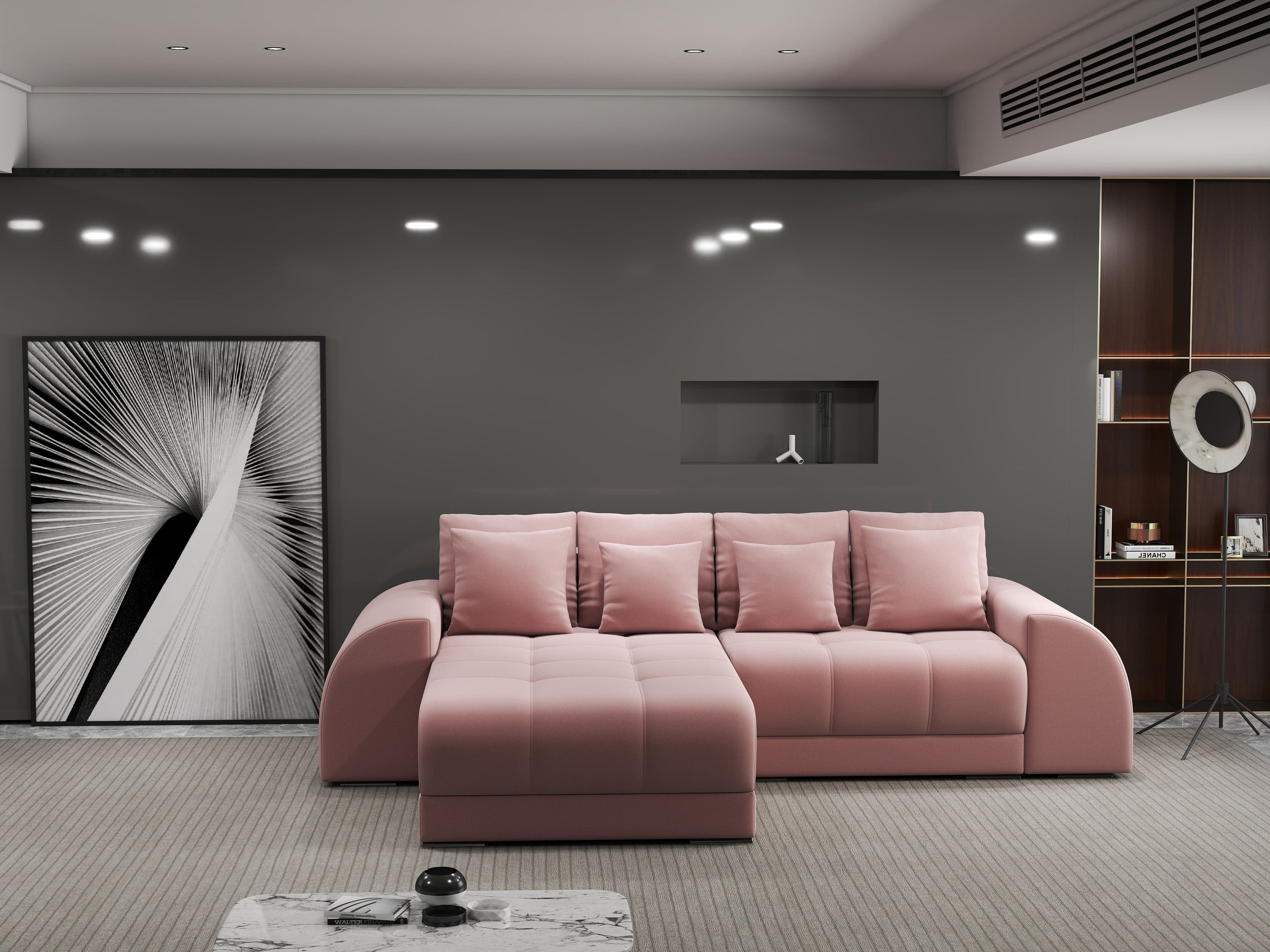Colțar extensibil dumonde cu ladă de depozitare si sezut confortabil din spuma high-density, Verona Royal Roz 290x185 cm
