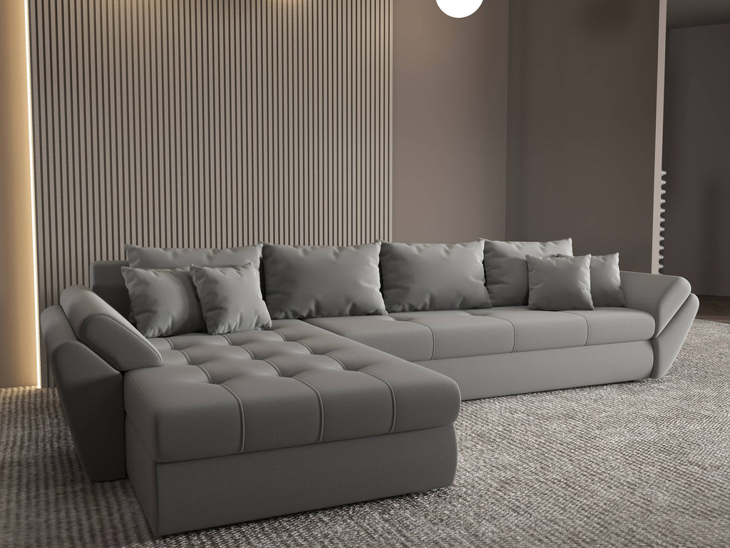 Colțar extensibil dumonde cu ladă de depozitare si sezut confortabil din spuma high-density, Loana XL Royal Gri 335x185 cm
