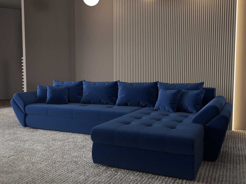 Colțar extensibil dumonde cu ladă de depozitare si sezut confortabil din spuma high-density, Loana XL Royal Albastru II 335x185 cm